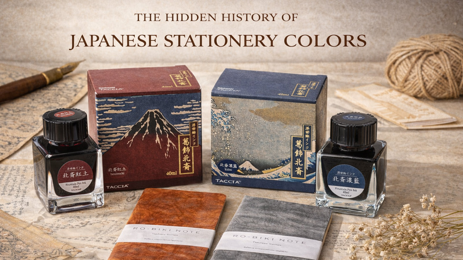Styled photo featuring Taccia Ukiyo-e fountain pen inks alongside RO-BIKI notebooks in Ginnezu grey and Edocha brown, highlighting traditional Japanese stationery colors