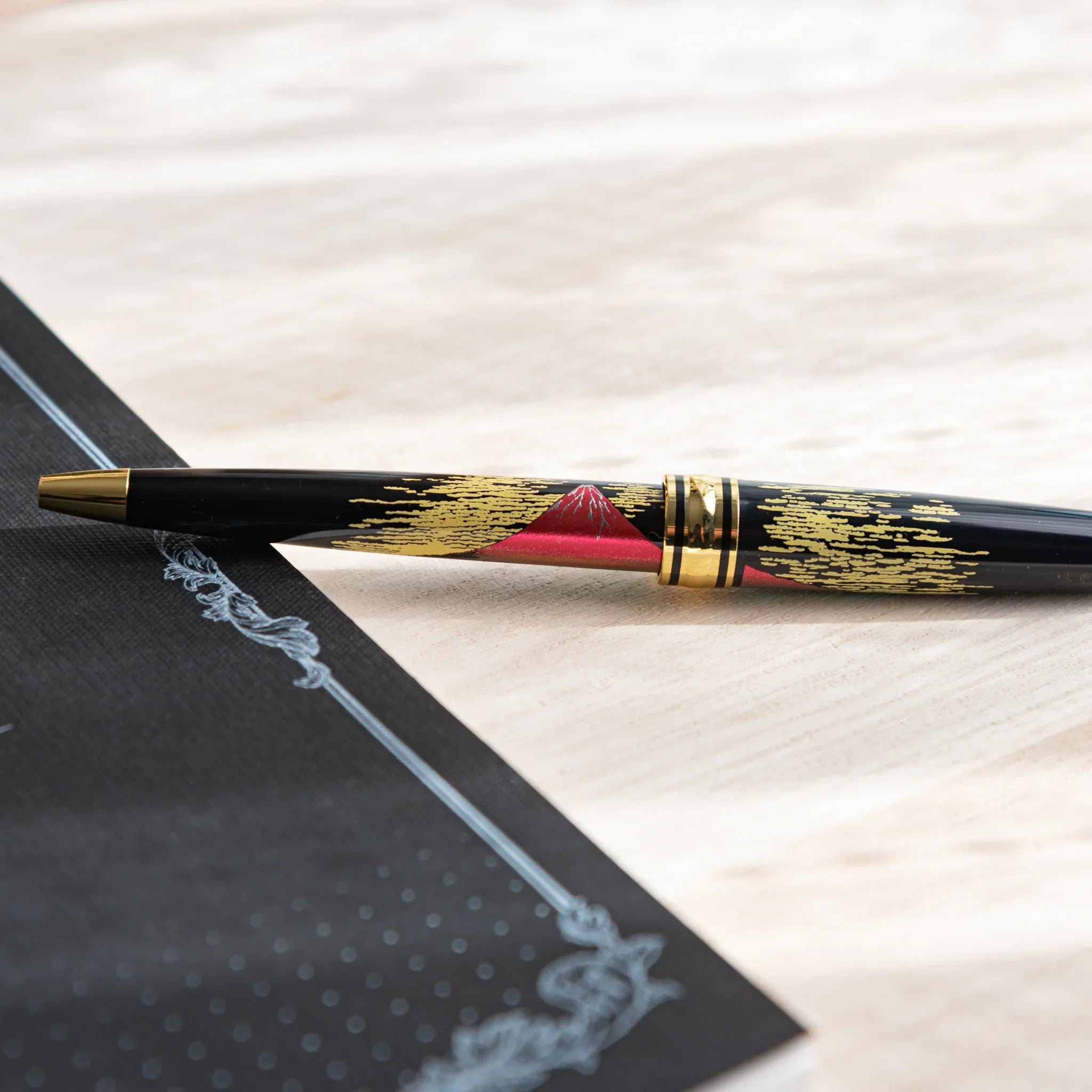 Red Mt.Fuji Yamanaka Retractable Ballpoint Pen, top-down perspective with detail providing full visual representation and pro