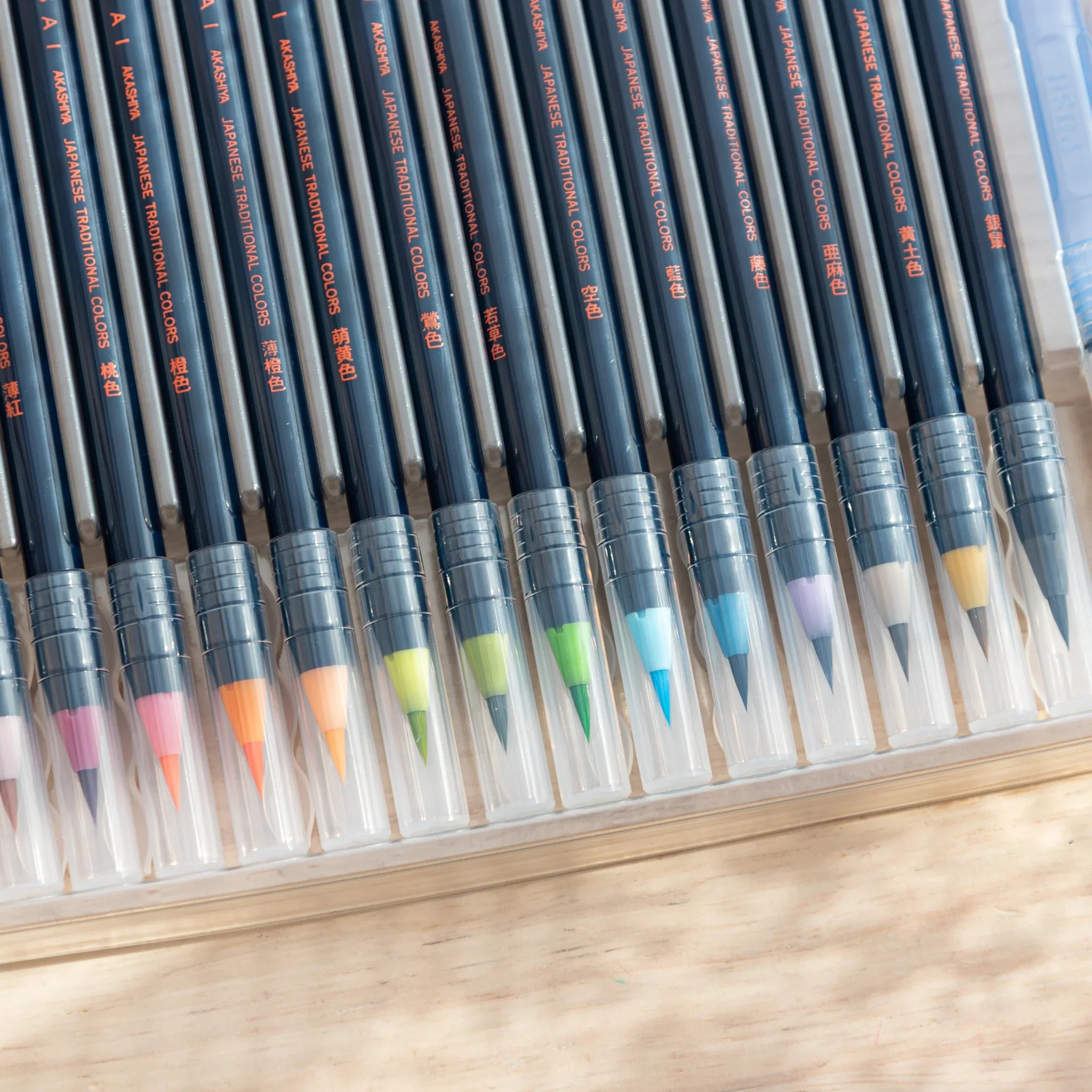 Akashiya Sai Watercolor Brush Pens - Soft Japanese Traditional Colors (15 Colors), top-down perspective with detail
