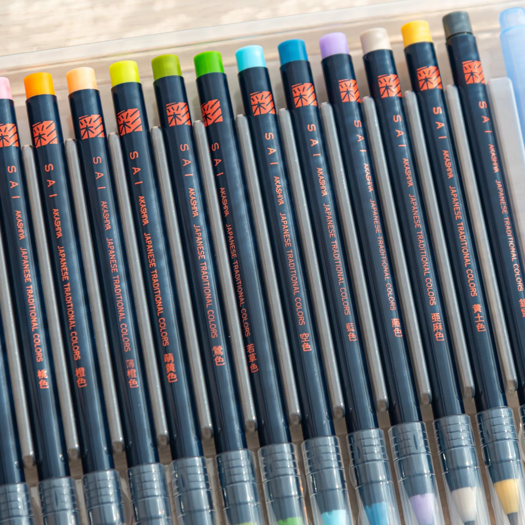 Akashiya Sai Watercolor Brush Pens - Soft Japanese Traditional Colors (15 Colors), side profile view of product