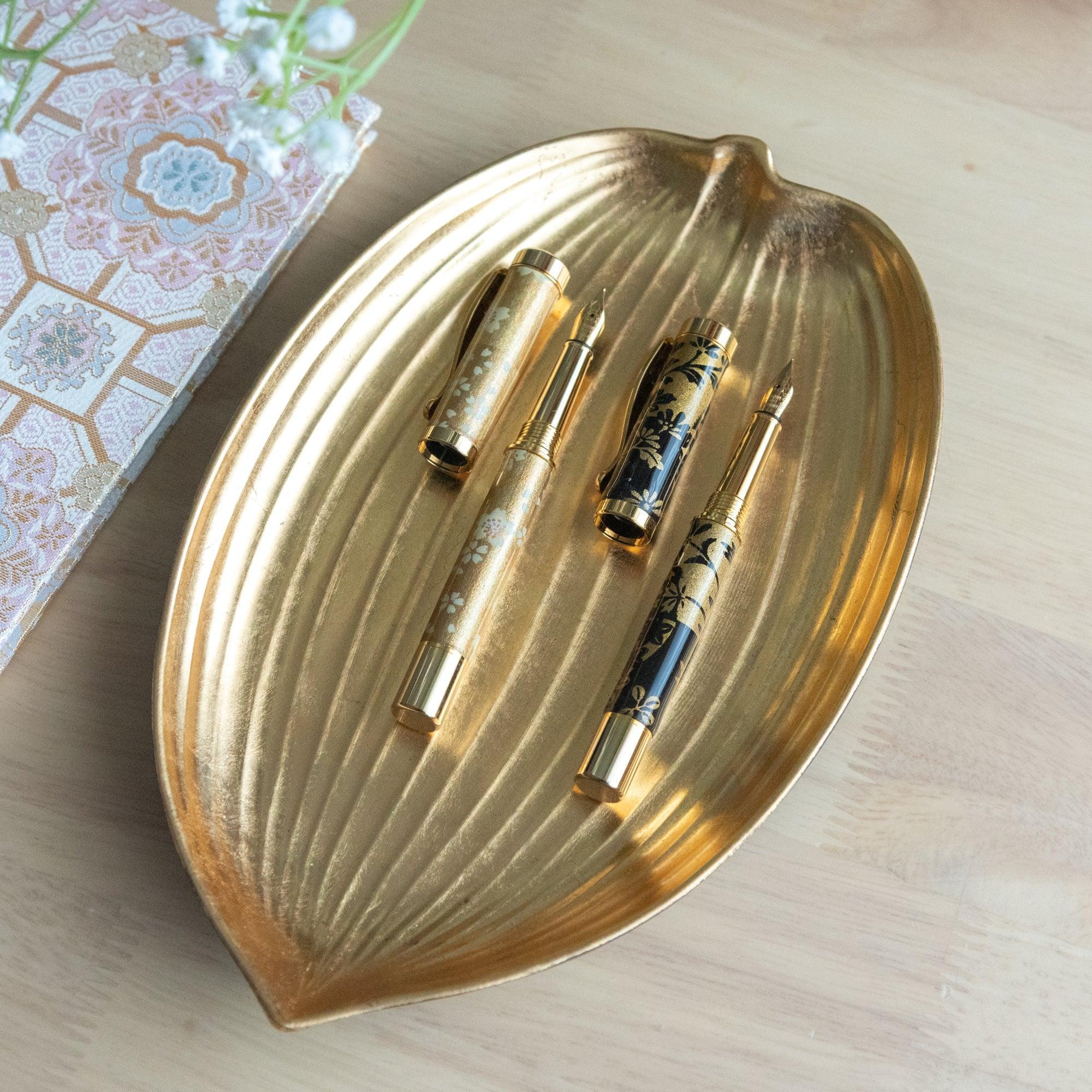 Japanese Echizen lacquered pen tray features bamboo leaf motif with precious gold leaf accents, refined for organizing wri
