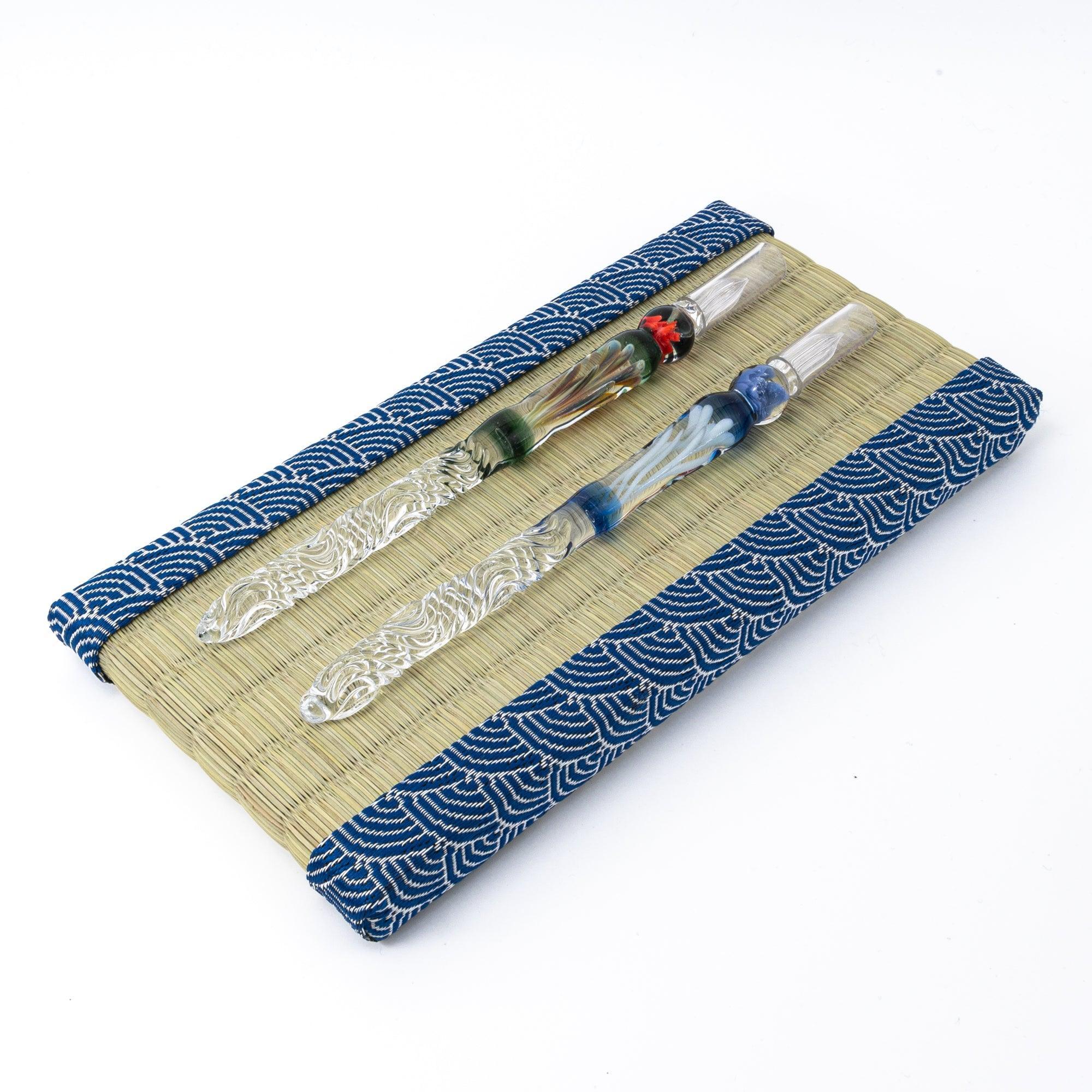 Detailed view of Blue Yachiyo tatami tray corner showing indigo brocade pattern and fabric construction