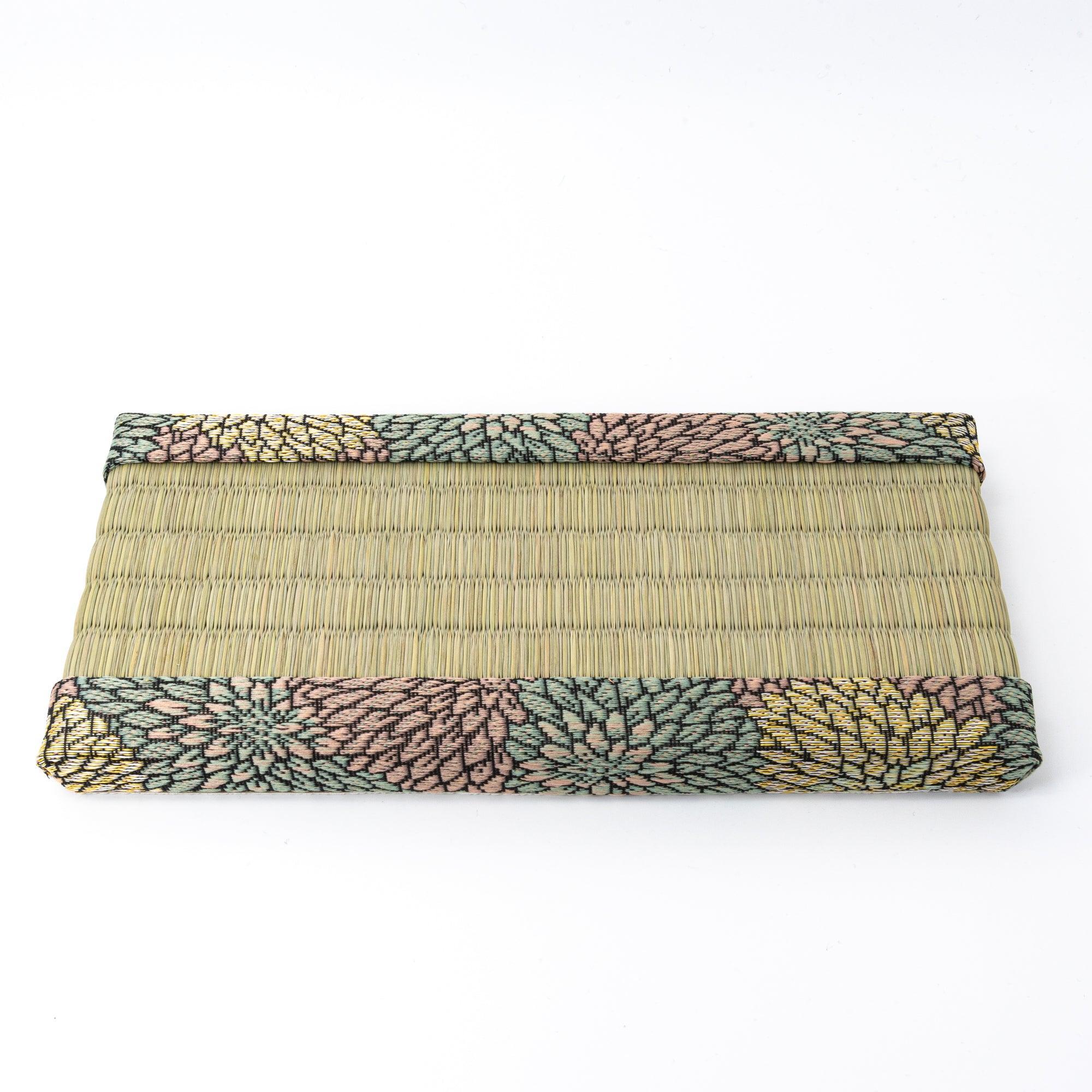 Front view of empty Chrysanthemum Tatami Pen Tray showing tatami weave surface and multicolor brocade border