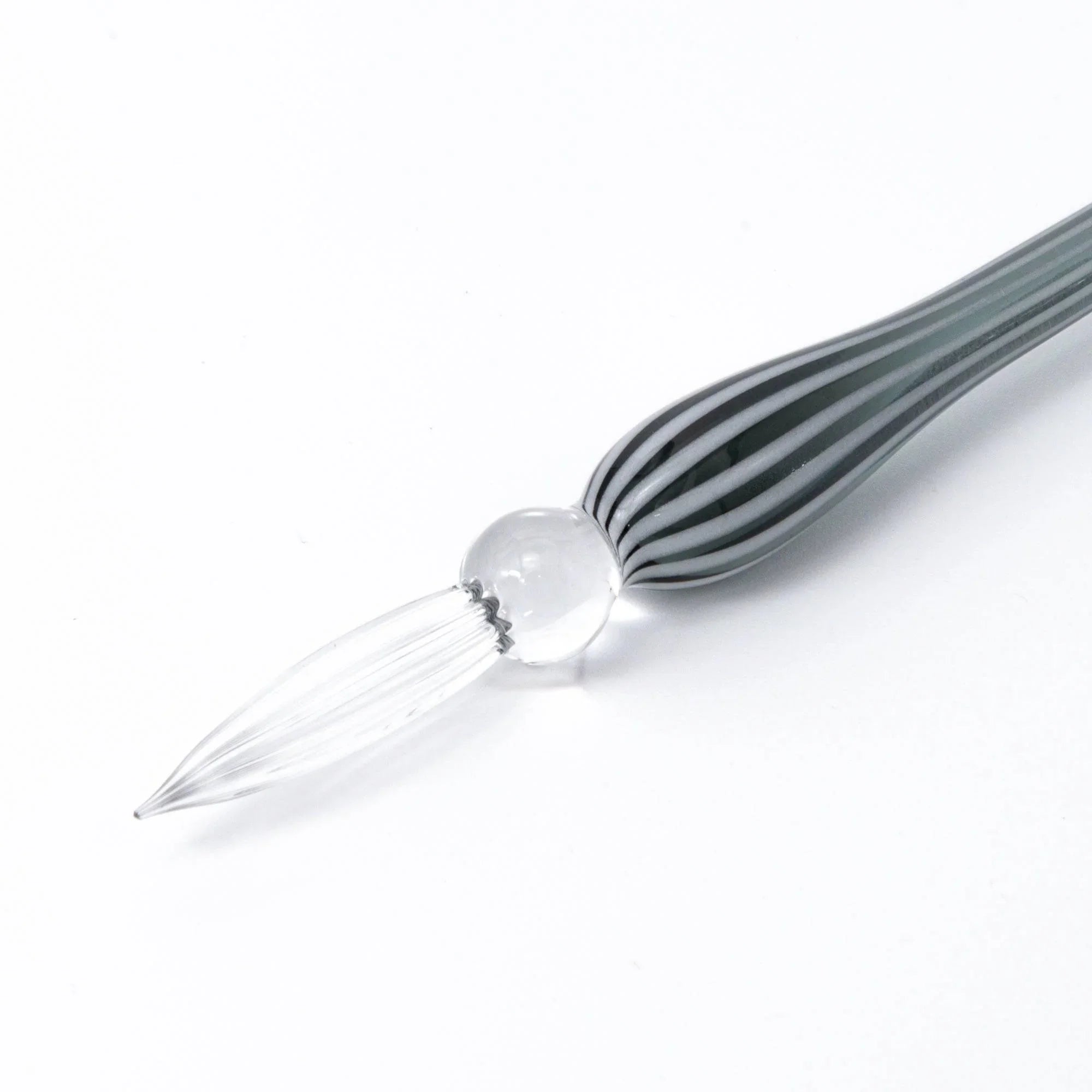 Moga-Chan vintage lady glass dip pen with black striped handle and female character decoration with handle detail and