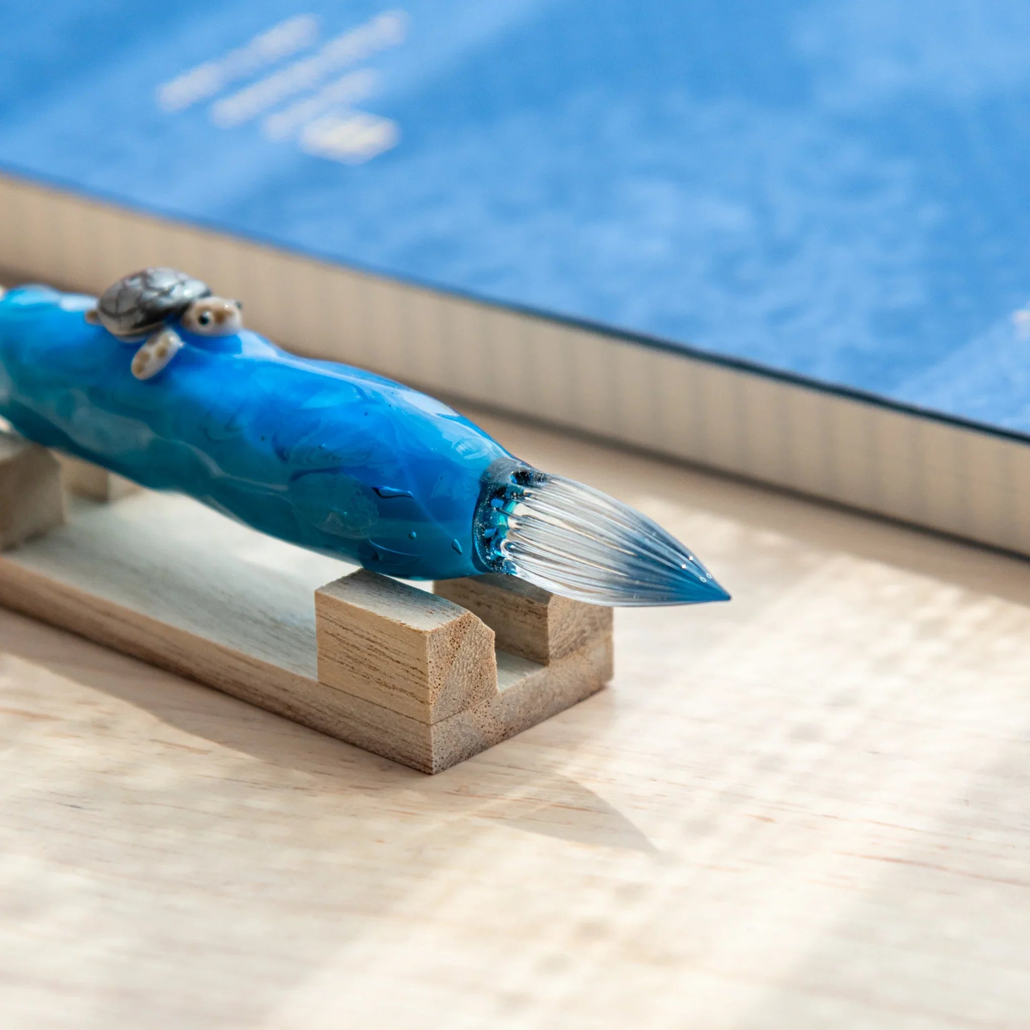 Floating sea turtle design inside glass dip pen barrel, hand-made Japanese writing instrument with clear transparent body