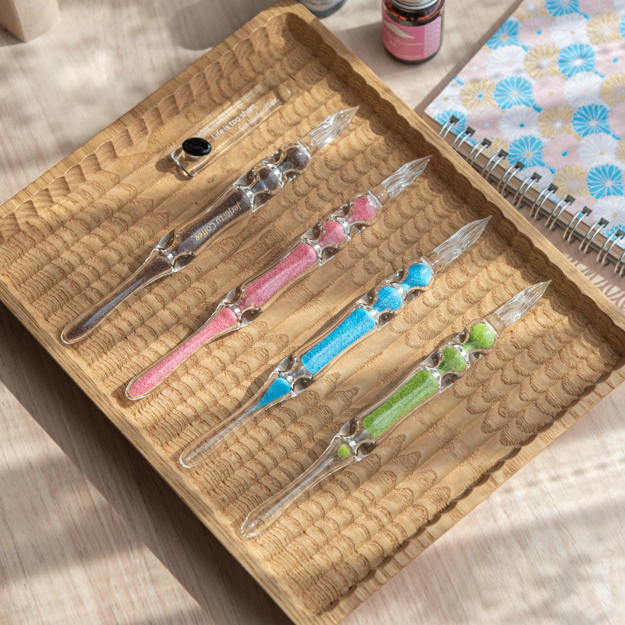 Fresh Green Hourglass Glass Dip Pen with vibrant spring-green chambers in clear glass barrel and botanical design