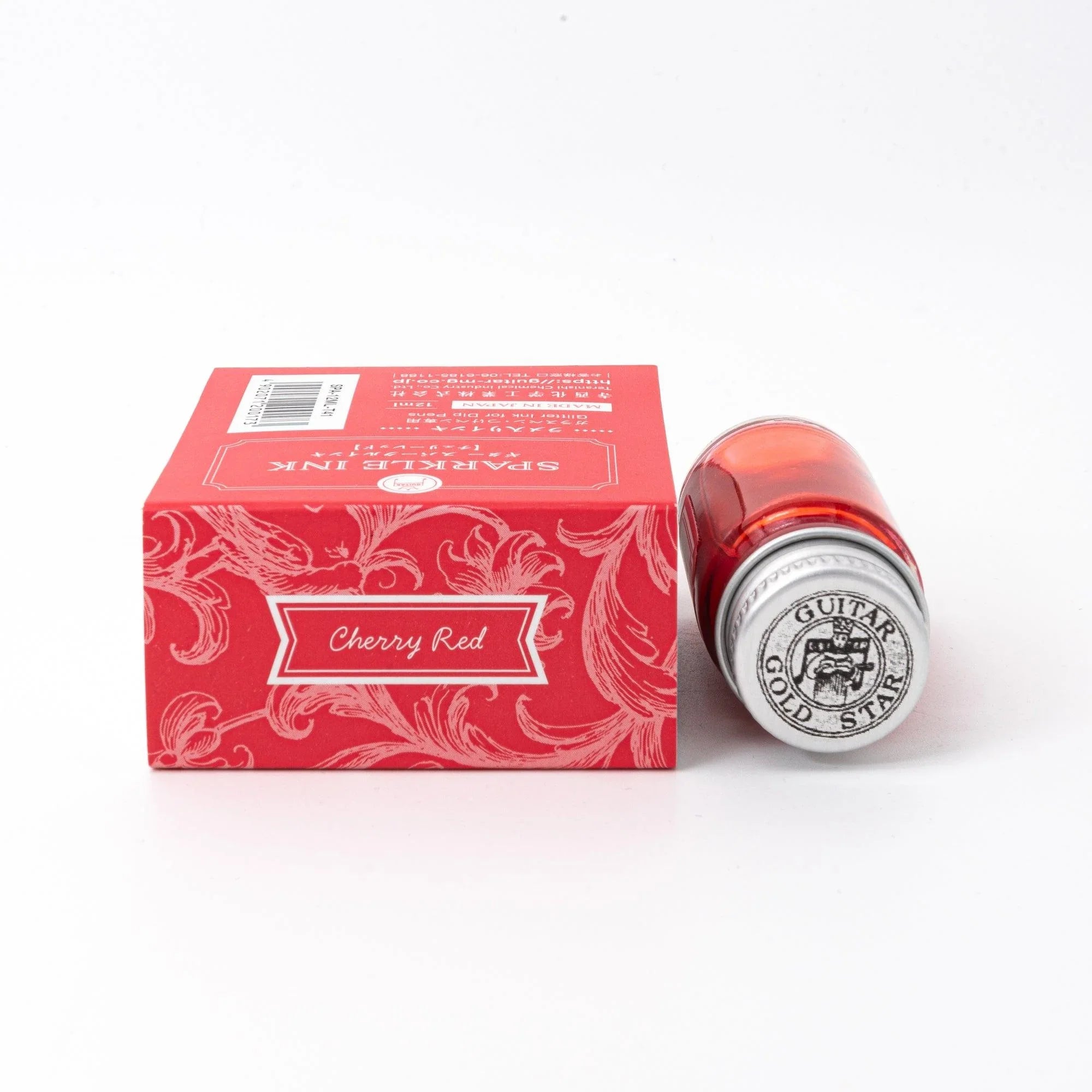 Shimmer ink Cherry Red Guitar Sparkle bottle with pearl pigment effect for calligraphy featuring traditional Japanese design
