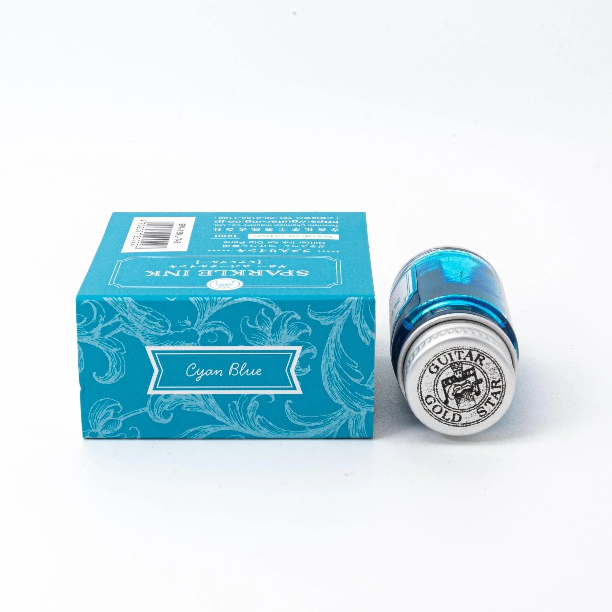 Shimmer ink Cyan Blue Guitar Sparkle bottle with pearl pigment effect for calligraphy with traditional Japanese craftsmanship