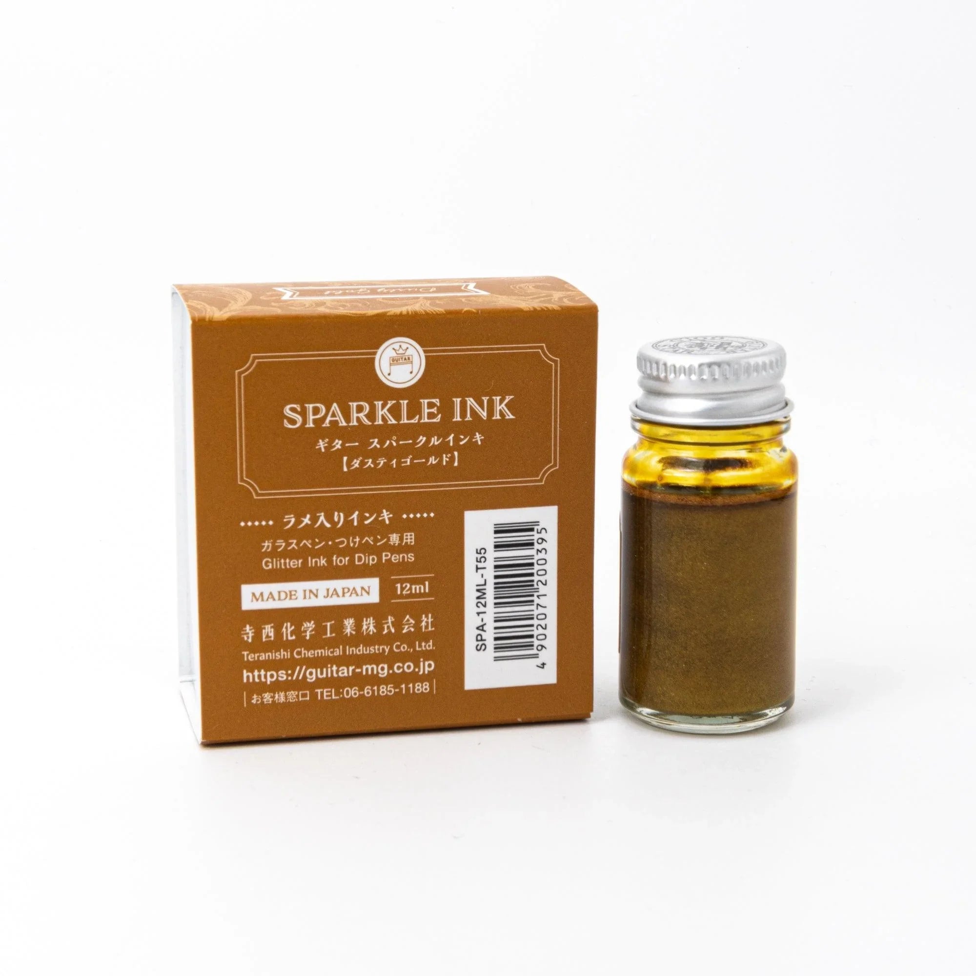 Guitar Sparkle Dusty Gold ink bottle with shimmer metallic effect for Japanese writing featuring traditional Japanese design
