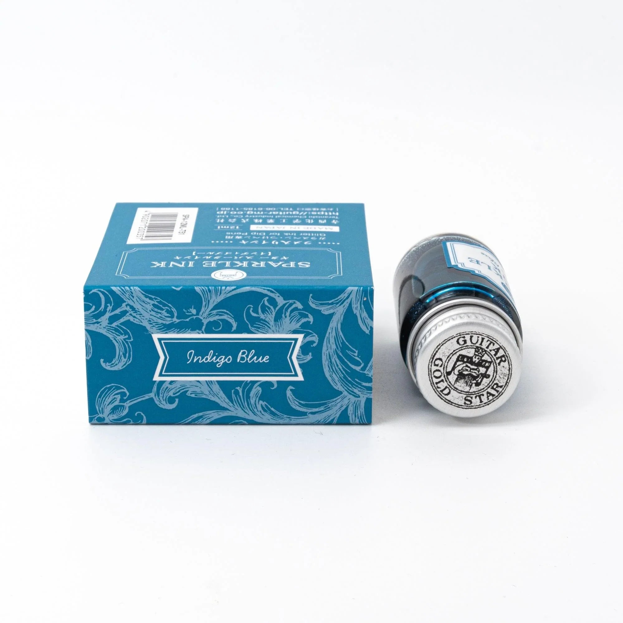 Shimmer ink Indigo Blue Guitar Sparkle bottle with pearl pigment effect for calligraphy featuring traditional Japanese design