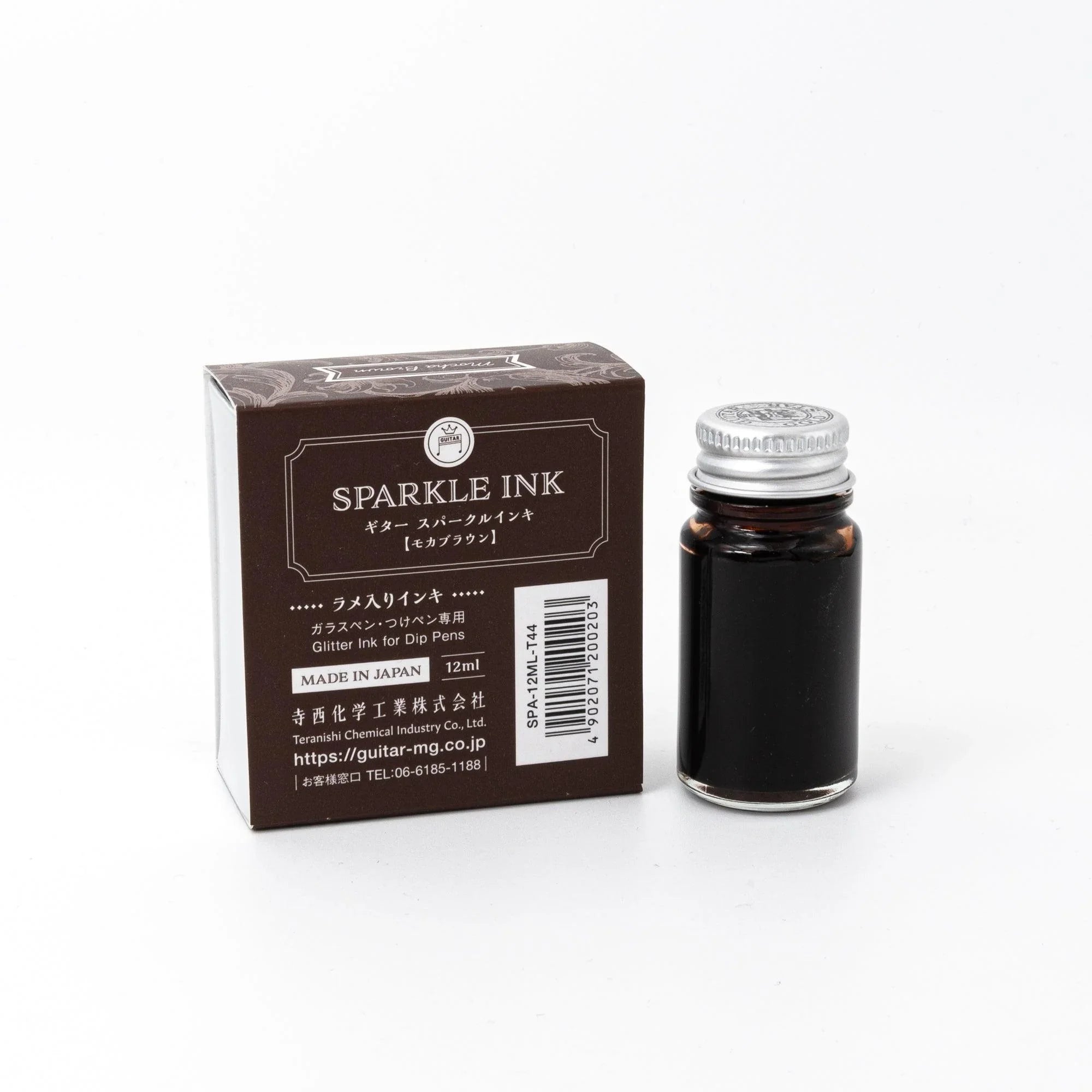 Guitar Sparkle Mocha Brown ink bottle with shimmer metallic effect for Japanese writing featuring traditional Japanese design