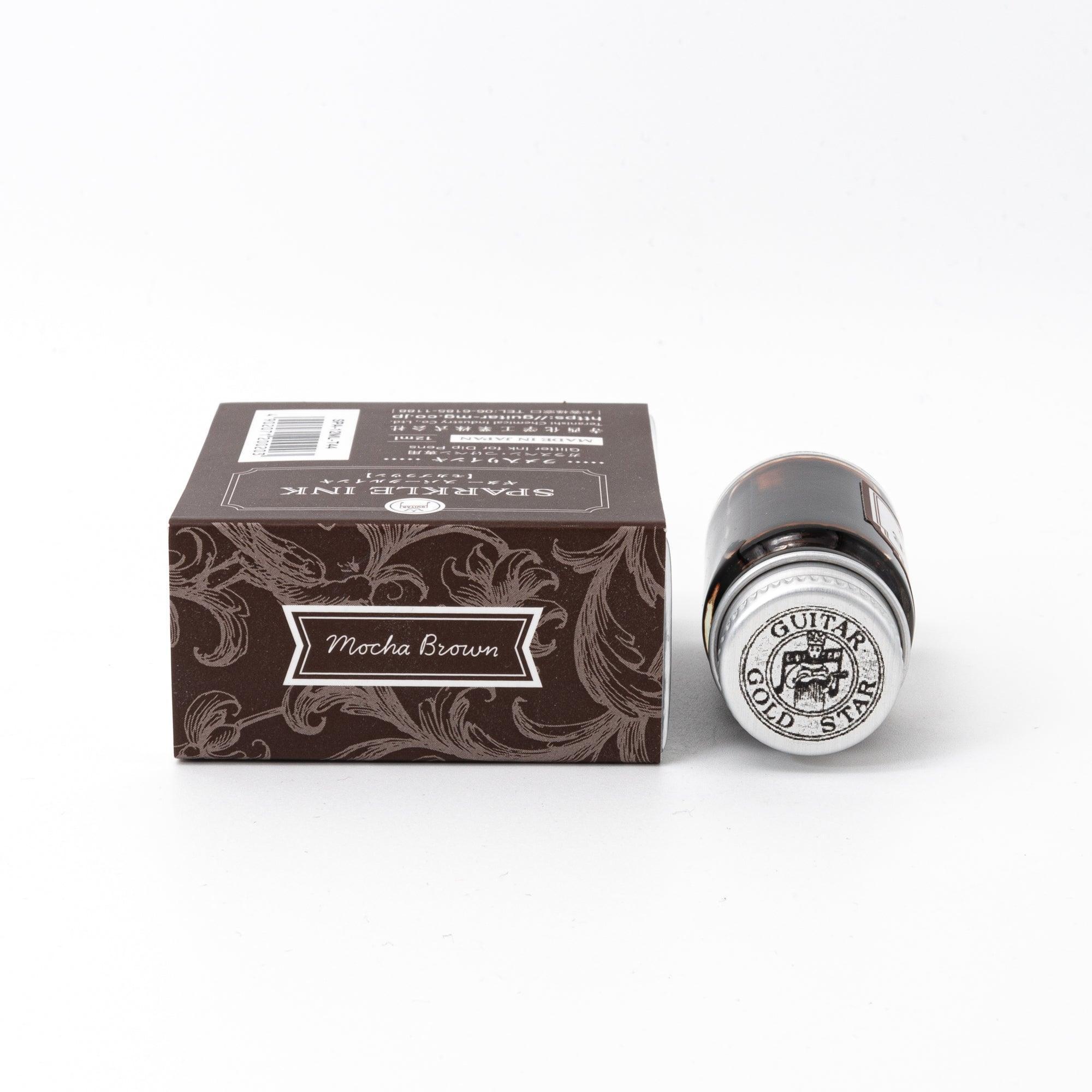Shimmer ink Mocha Brown Guitar Sparkle bottle with pearl pigment effect for calligraphy featuring traditional Japanese design