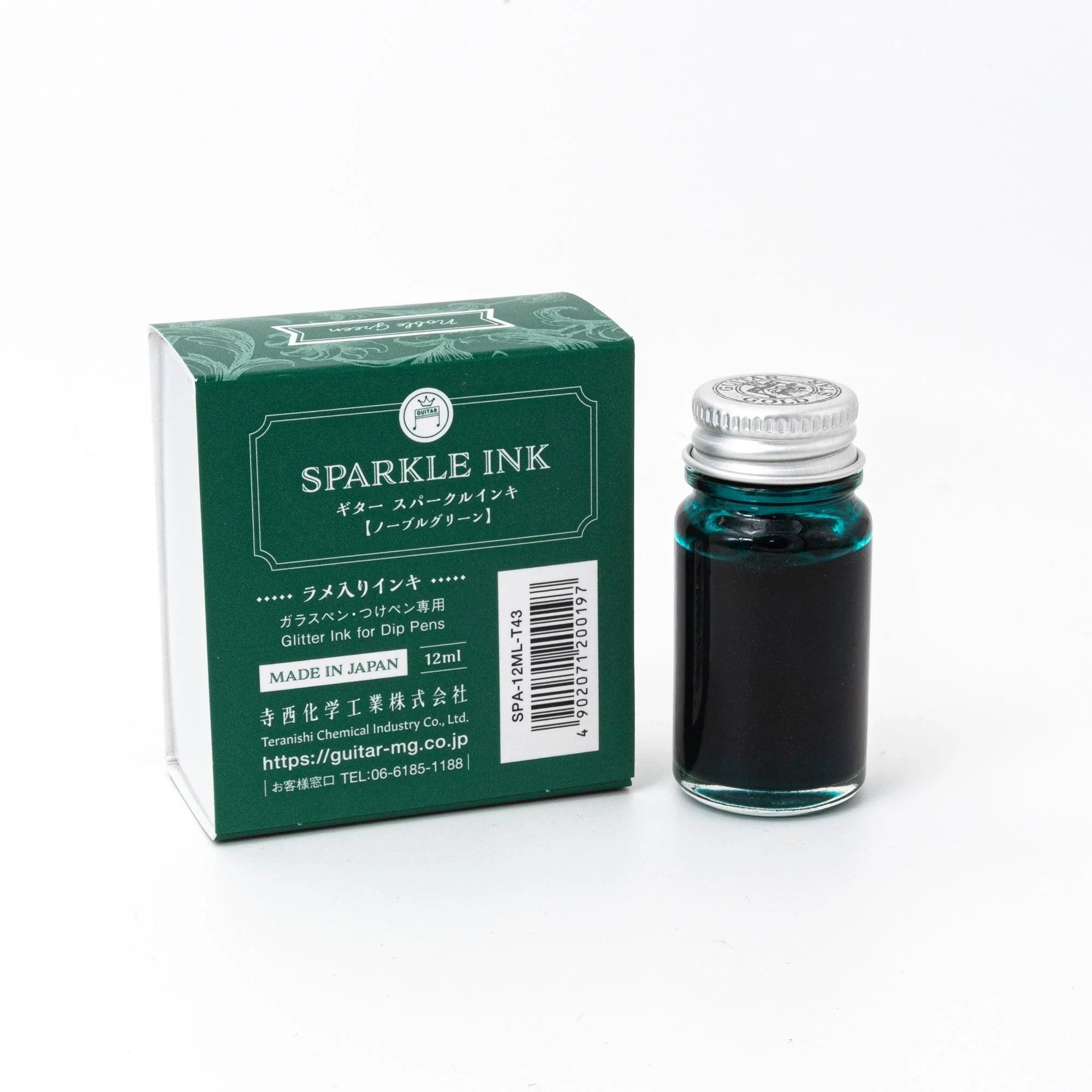 Guitar Sparkle Noble Green ink bottle with shimmer metallic effect for Japanese writing featuring traditional Japanese design