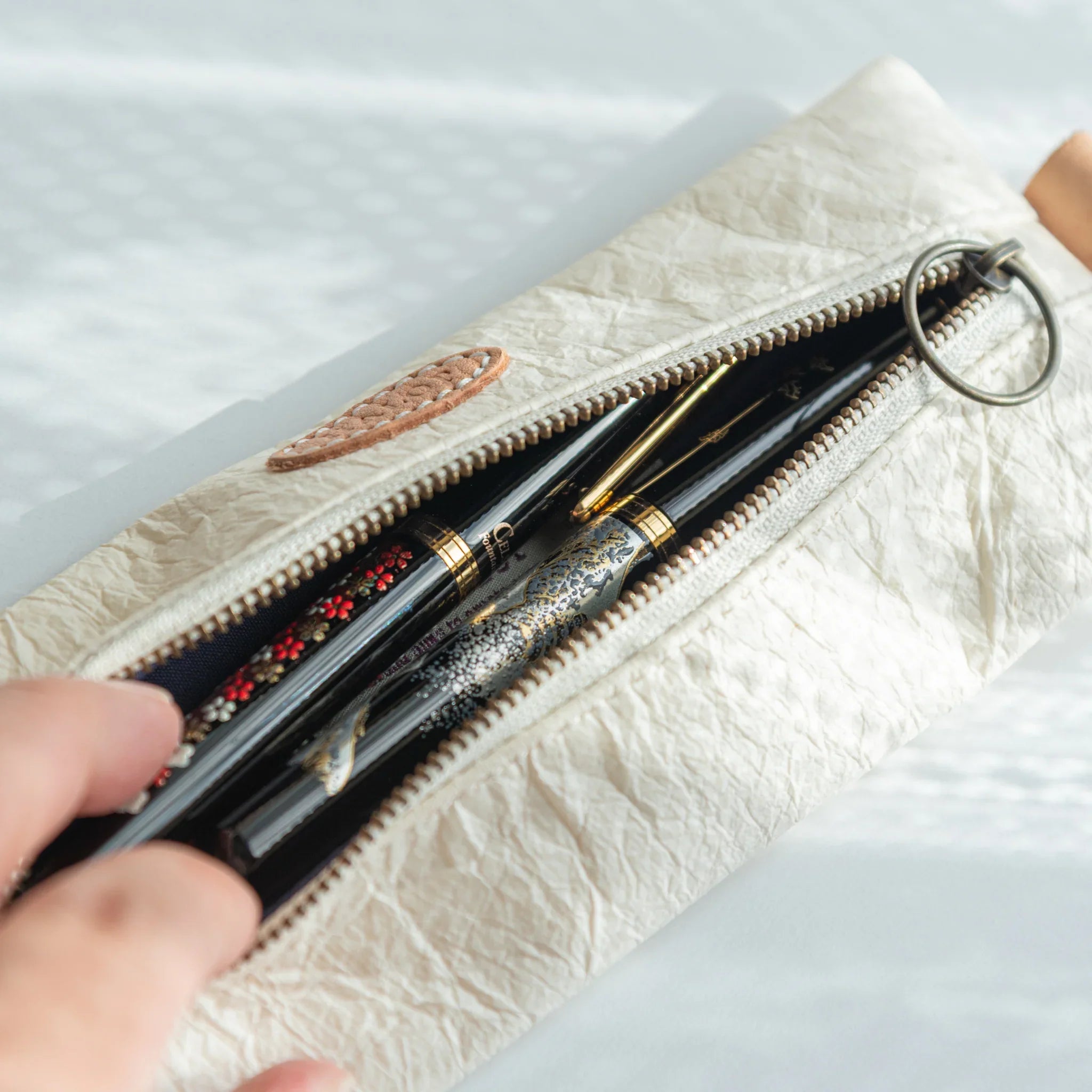 Handcrafted Sugihara Washi Paper Pen Case white complete set view showing case and decorative presentation