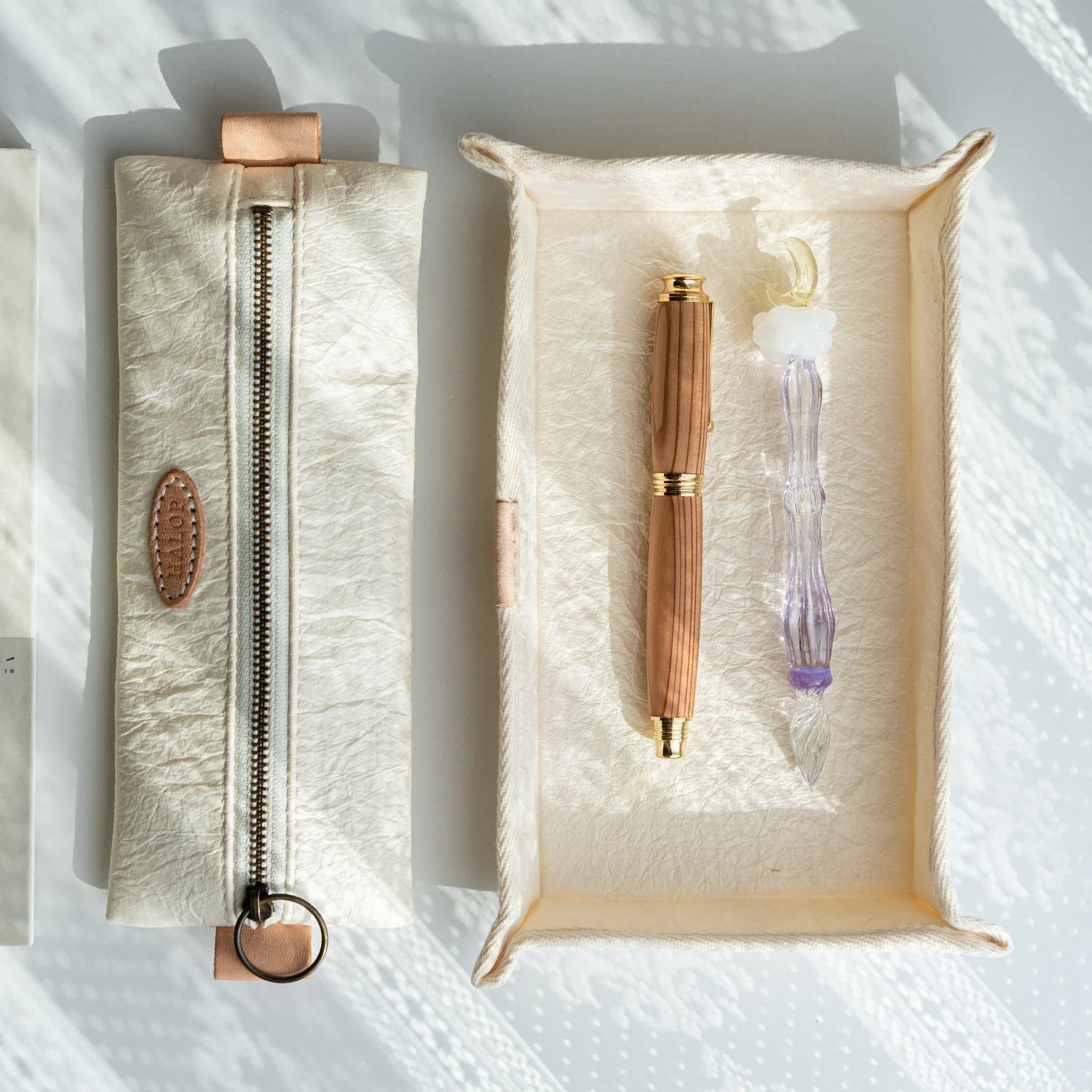 Handcrafted Sugihara Washi Paper Pen Case white forward-facing view showing washi paper front cover detail