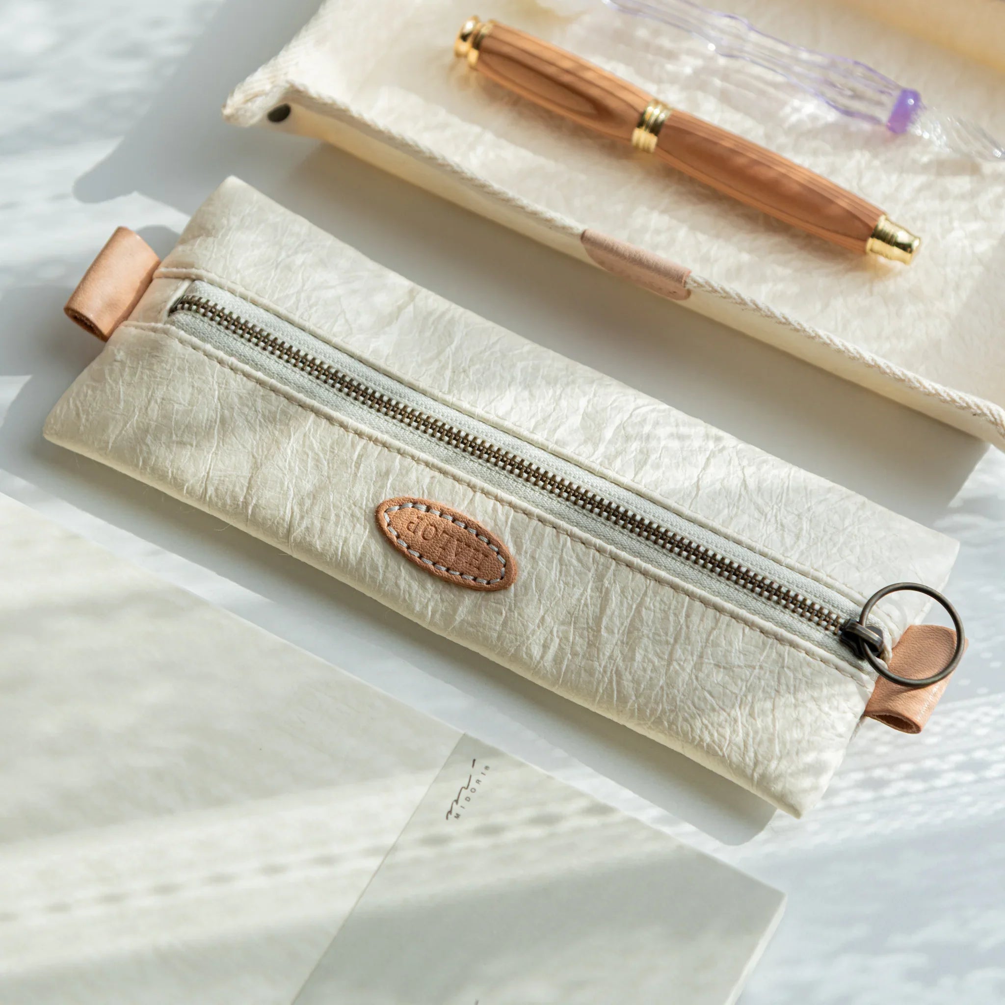 Handcrafted Sugihara Washi Paper Pen Case white diagonal perspective view showing case depth dimensions
