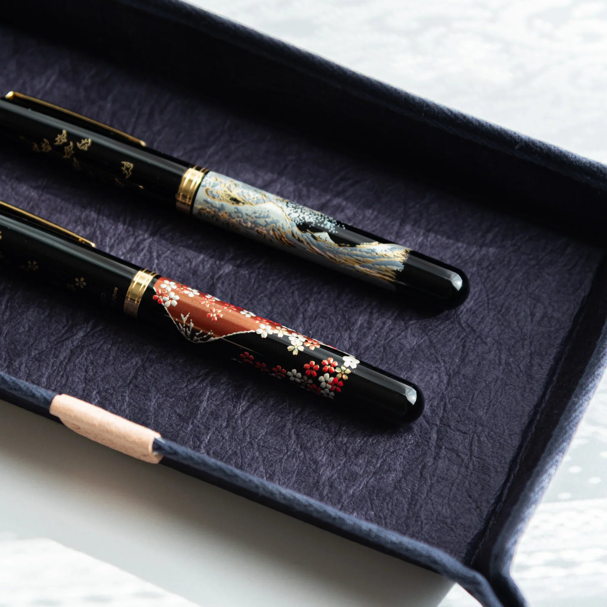 Handcrafted Sugihara Washi Paper Pen Tray purple tilted angle view showing washi paper and wood edges