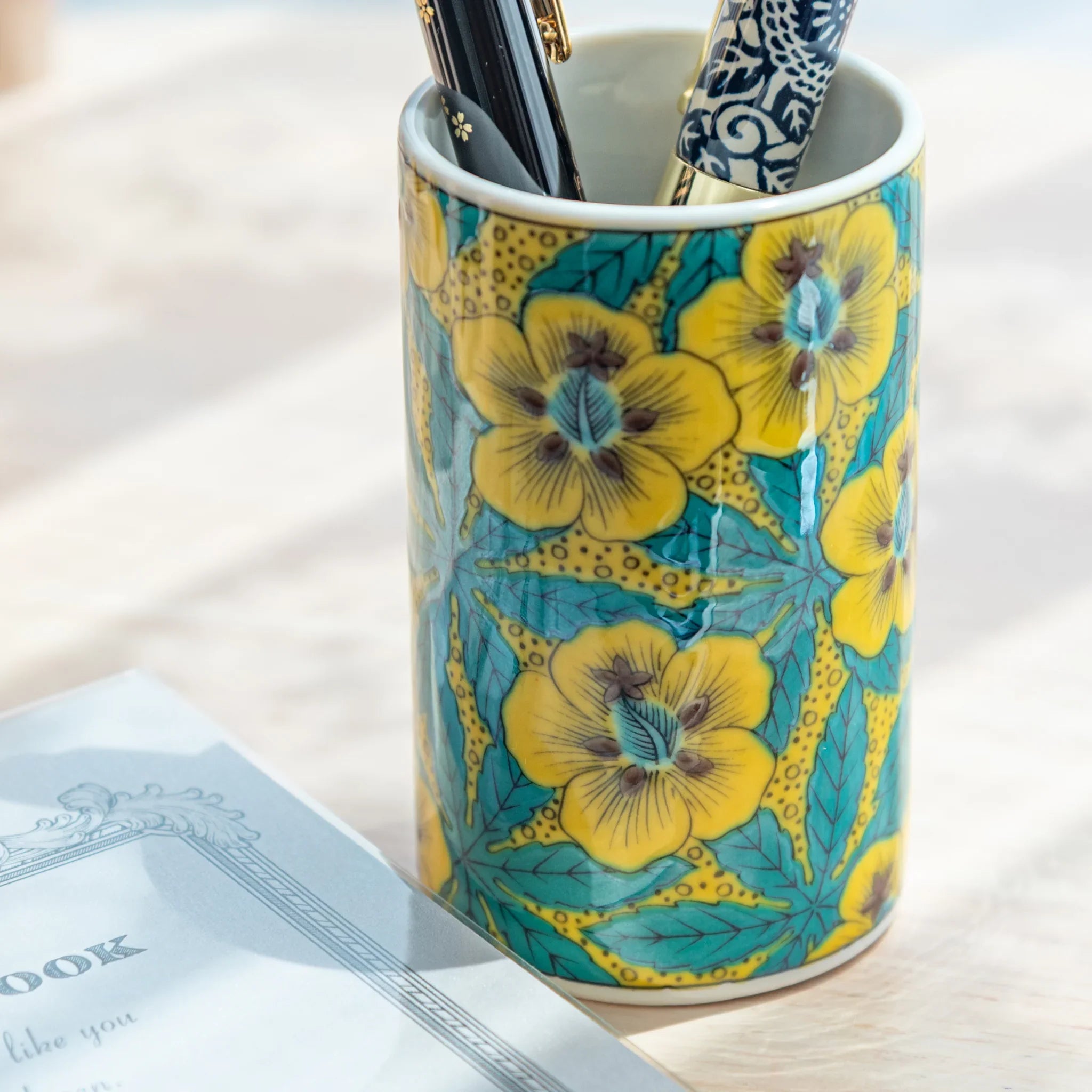 Japanese hollyhock Kutani ceramic pen holder bringing floral design to office featuring traditional porcelain