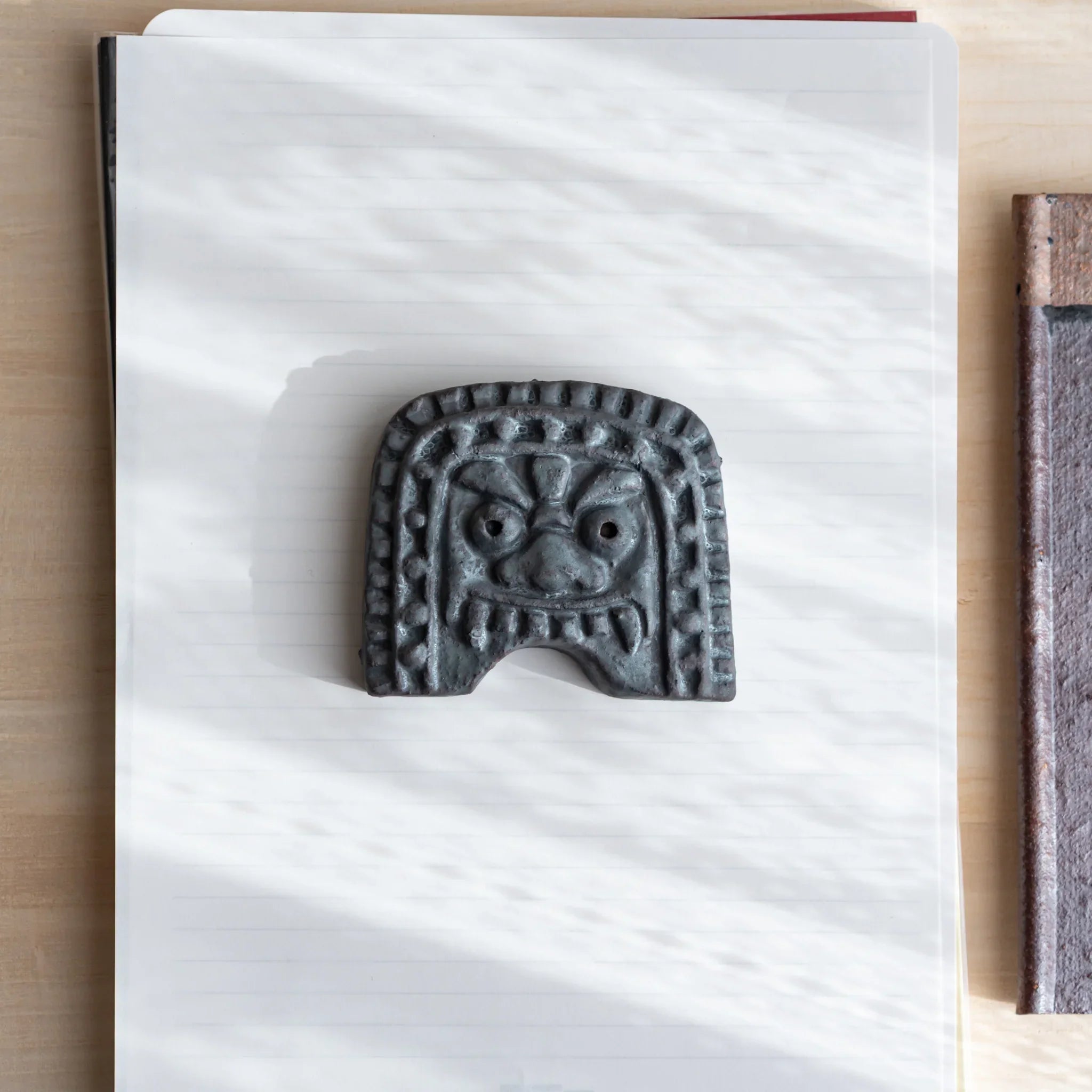 Japanese Kawara Roof Guardian Paperweight Medium square face front-facing angle showing guardian expression