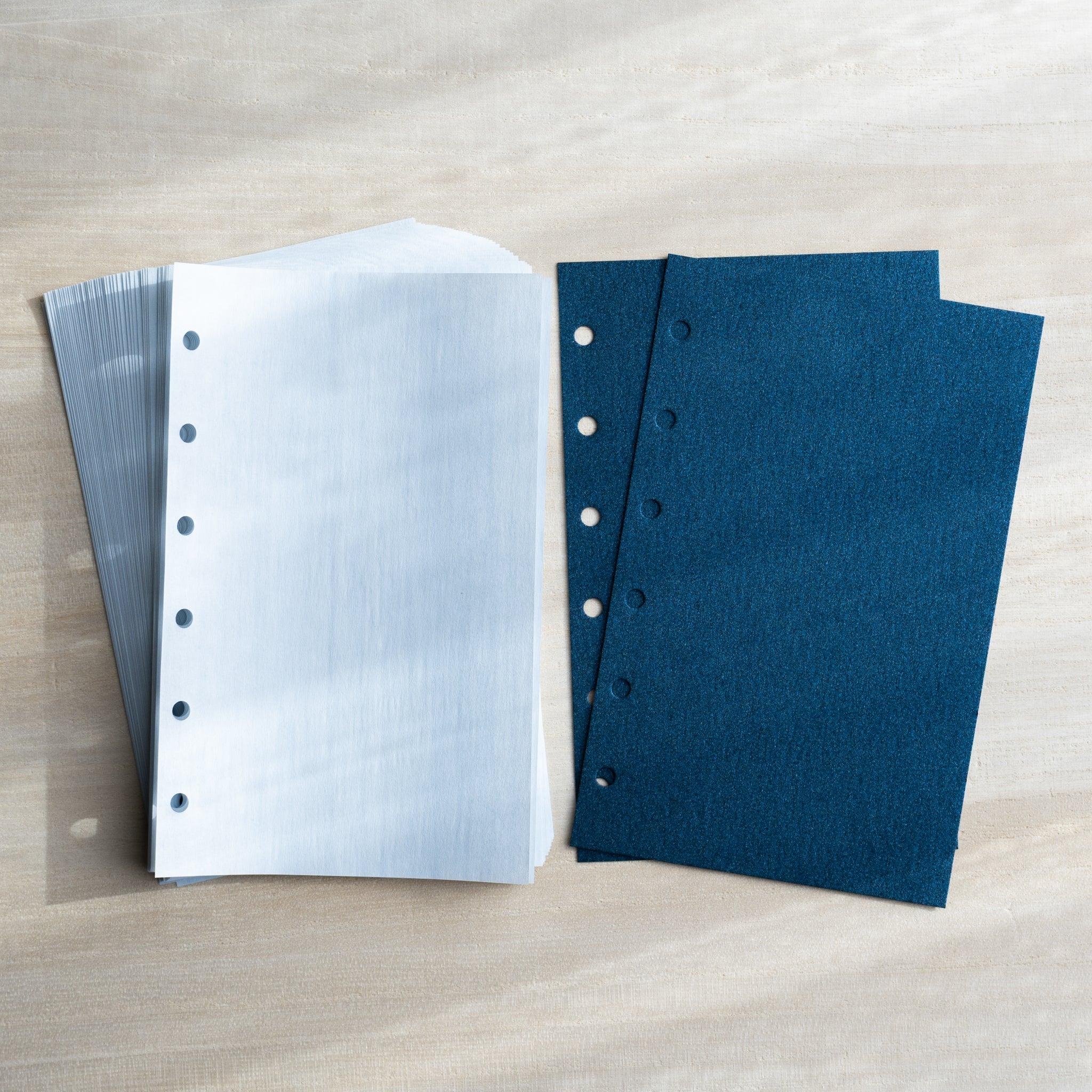Kate Joe Onion Skin Planner Refill Mini 6 Size pale blue angled view showing binding and inside pages