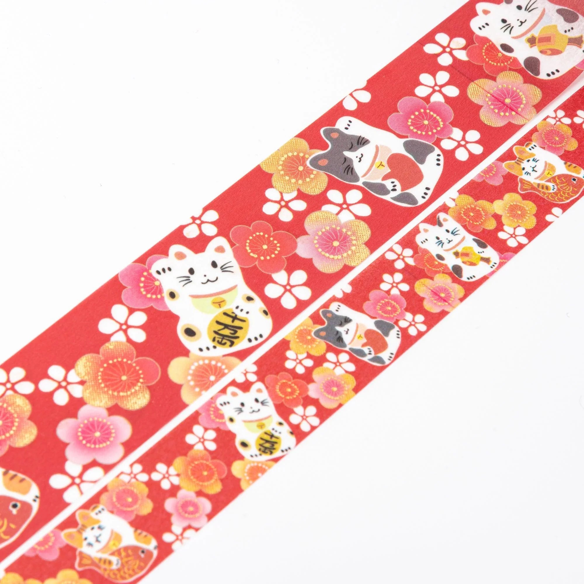 Kimono Beauty Series Maneki Neko Iyo Washi Tape angled view showing smiling fortune cat waving paw design