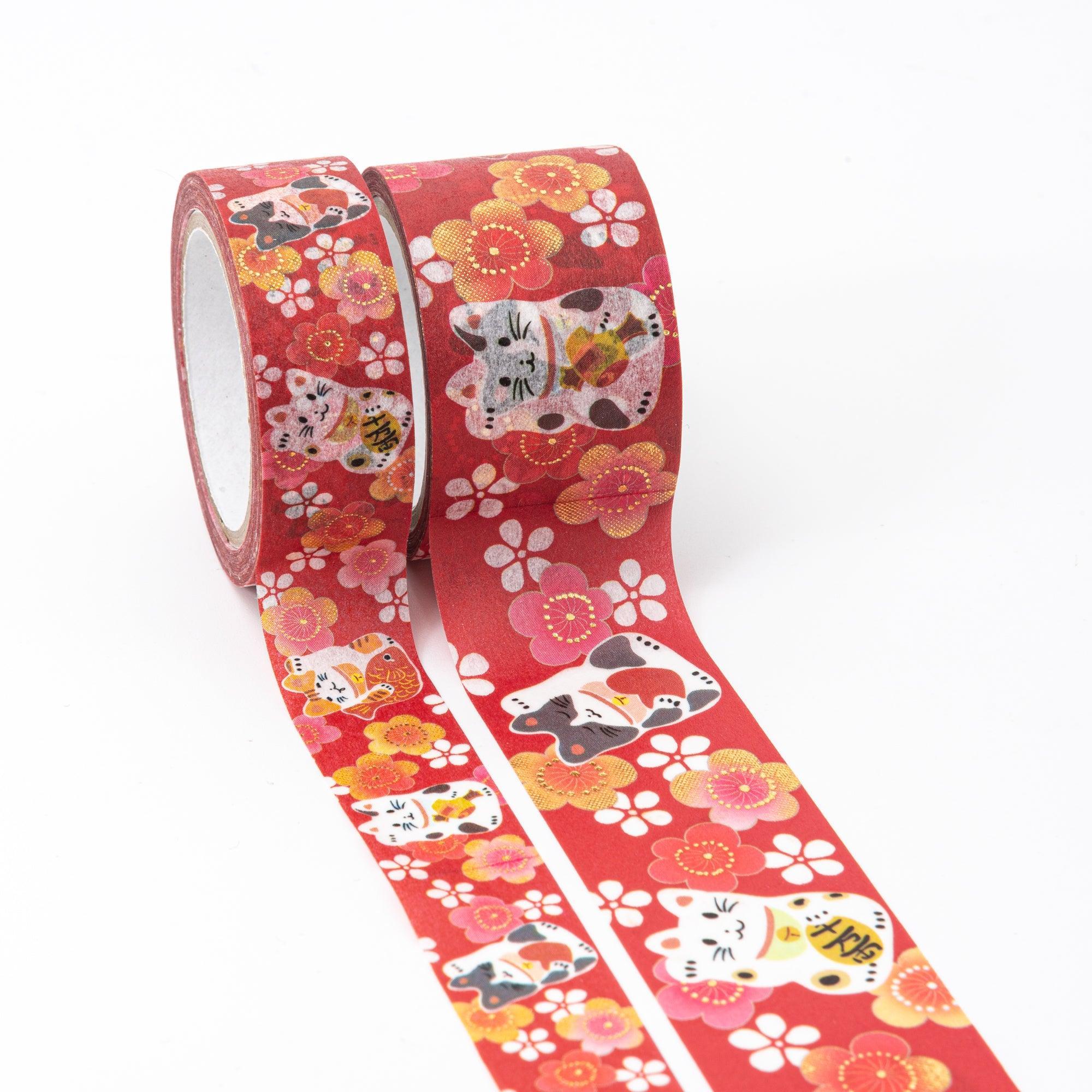 Kimono Beauty Series Maneki Neko Iyo Washi Tape side profile showing tape roll with lucky fortune cat motif