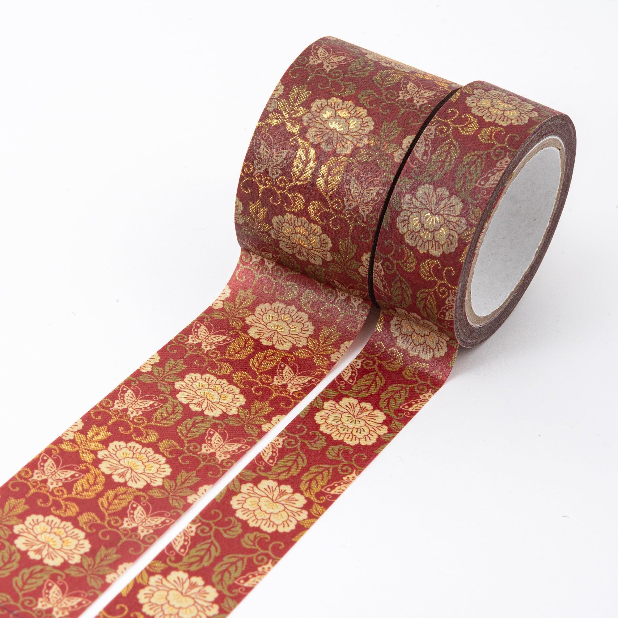 Kimono Beauty Series Peony Iyo Washi Tape overhead view displaying repeated peony flower motif pattern design