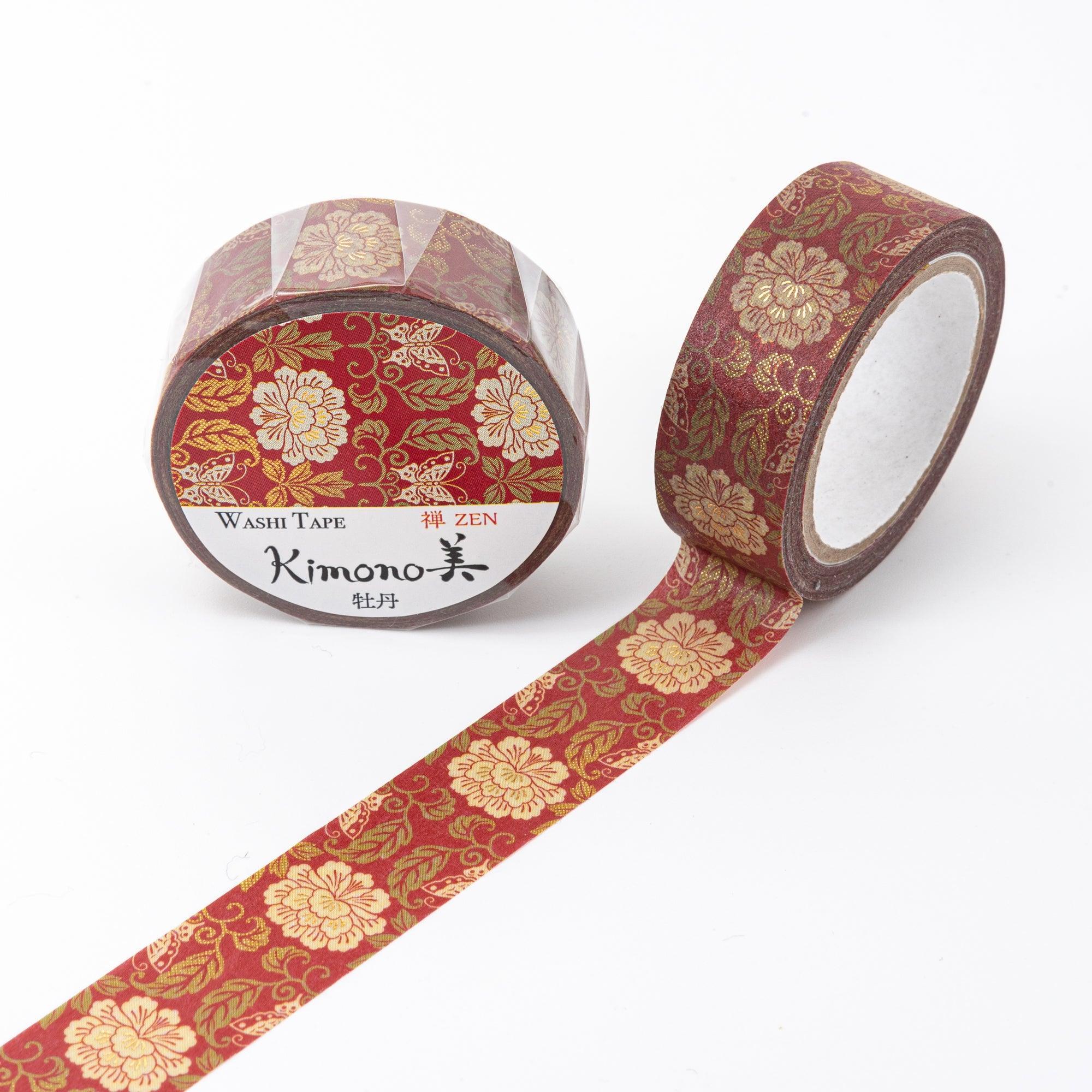 Kimono Beauty Series Peony Iyo Washi Tape front view of roll showing pink peony blossom pattern illustrated