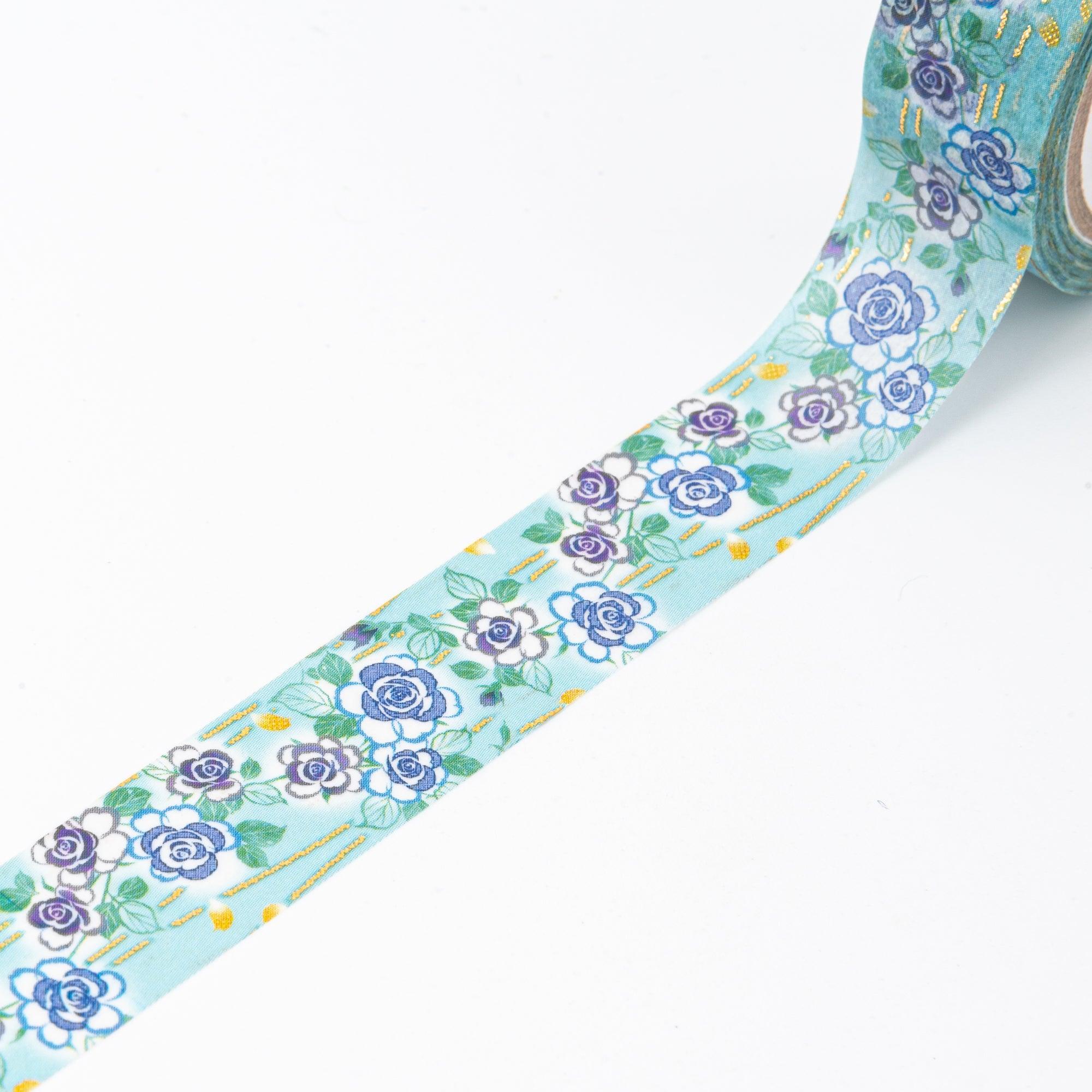 Kimono Beauty Series Rose Iyo Washi Tape angled view displaying red rose flower designs on bright blue base