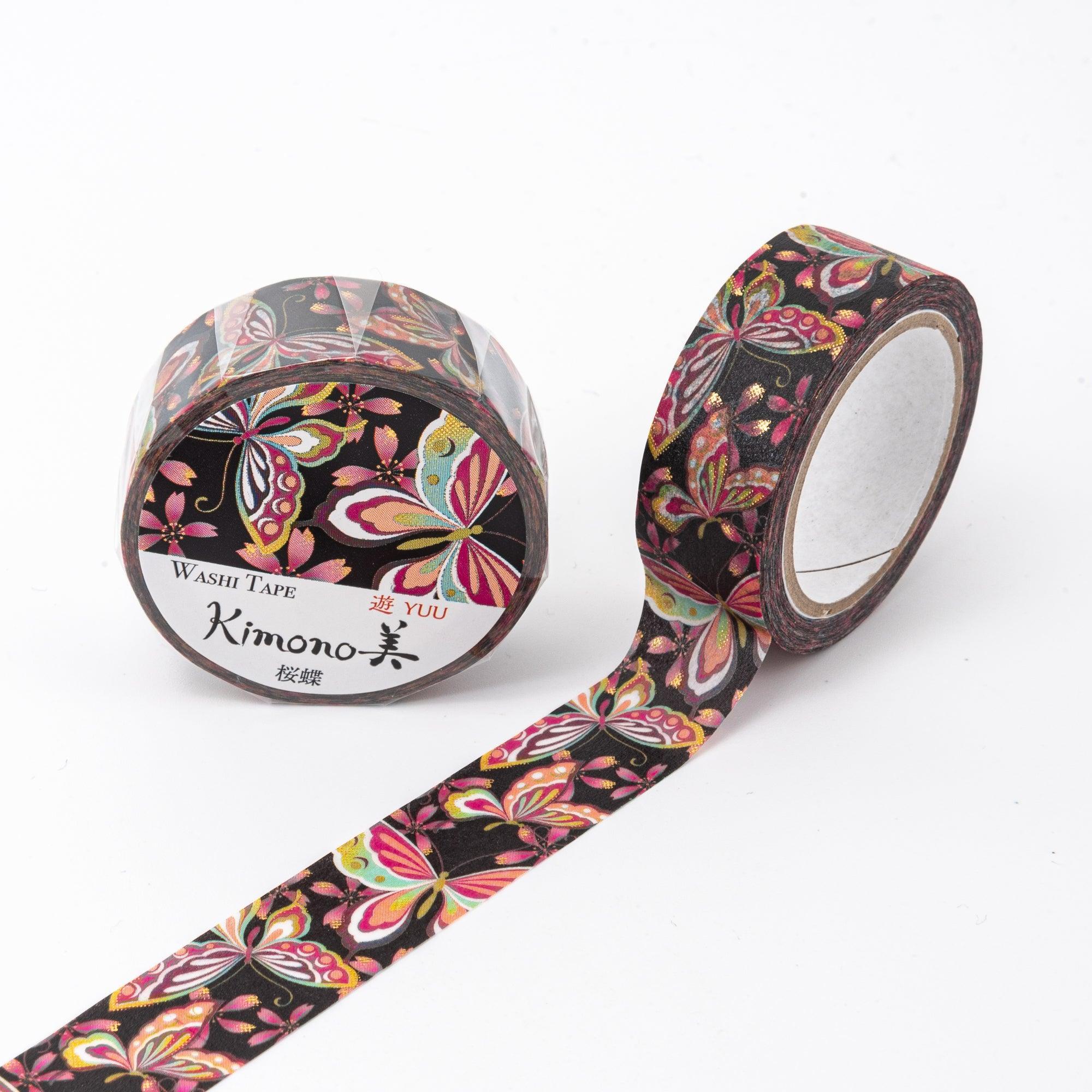 Kimono Beauty Series Sakura and Butterfly Iyo Washi Tape roll with cherry blossom motifs on blue background