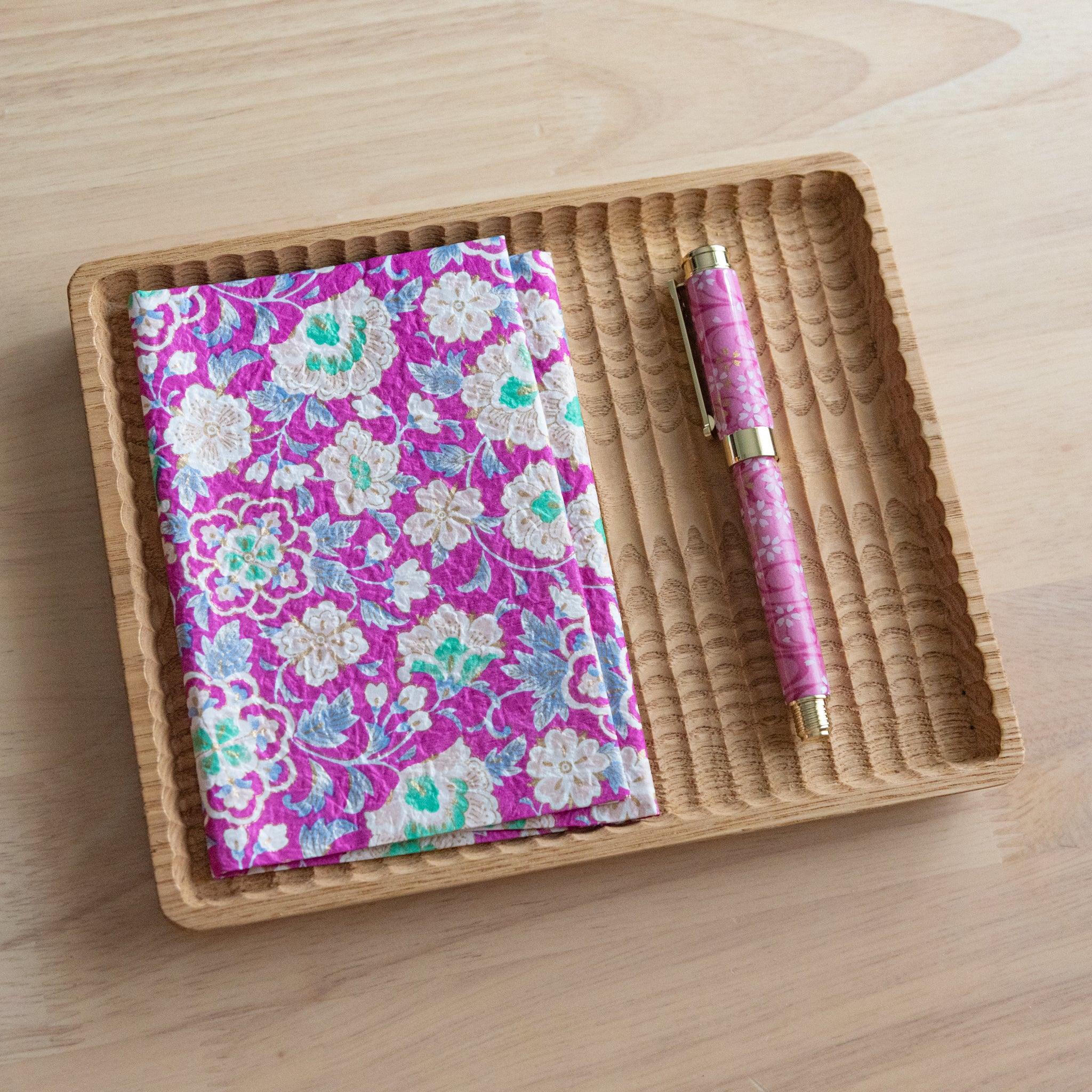 Magenta garden hand-dyed yuzen washi book cover A6, close-up showing detailed botanical pattern and washi texture