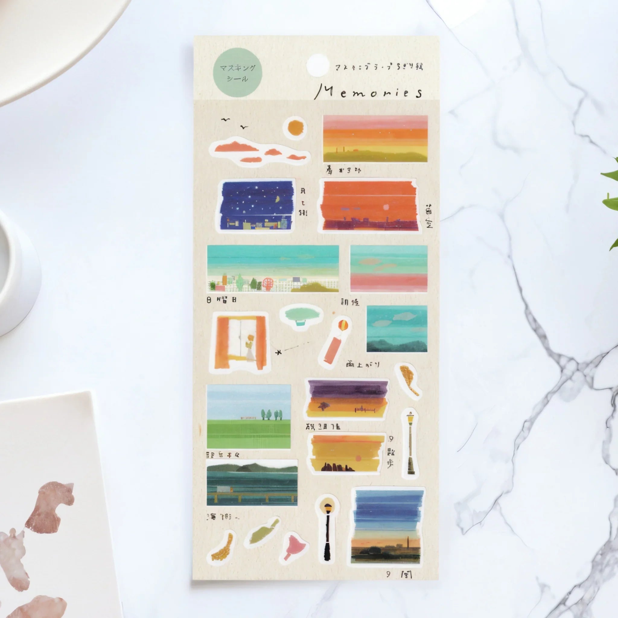 Japanese sticker sheet with memory and nostalgic themed designs showing retro style elements showing complete layout, design