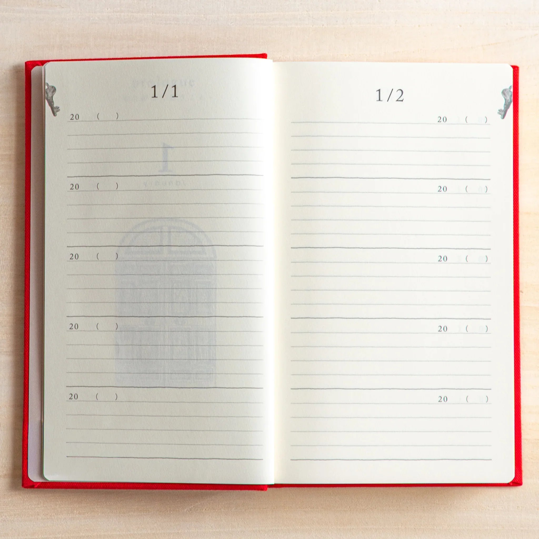 Midori 5-year journal, angled composition highlighting quality paper quality, Japanese hardcover diary with 5-year date secti