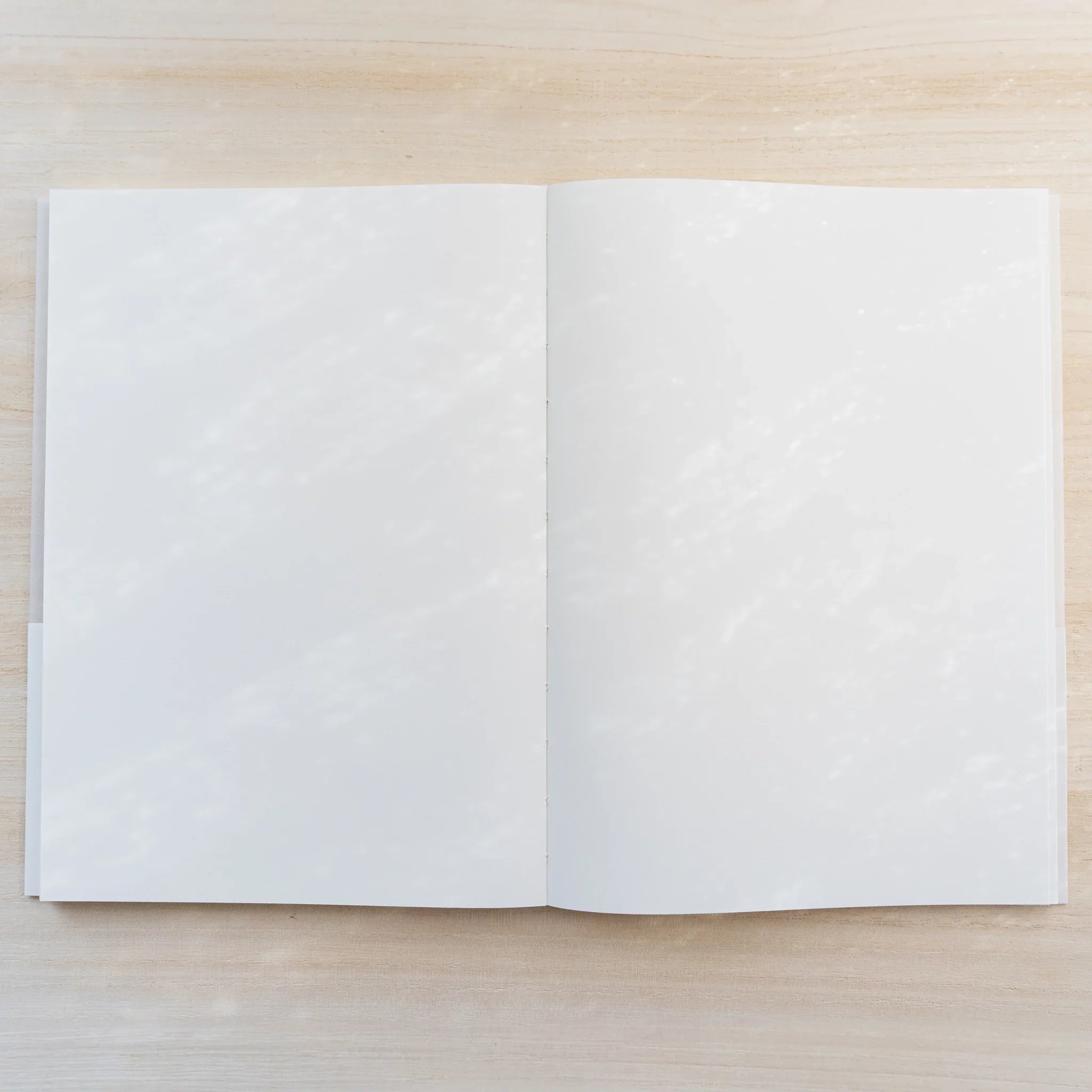 Midori MD Cotton Notebook A5 open flat to a blank cream two-page spread with exposed thread stitching at the spine