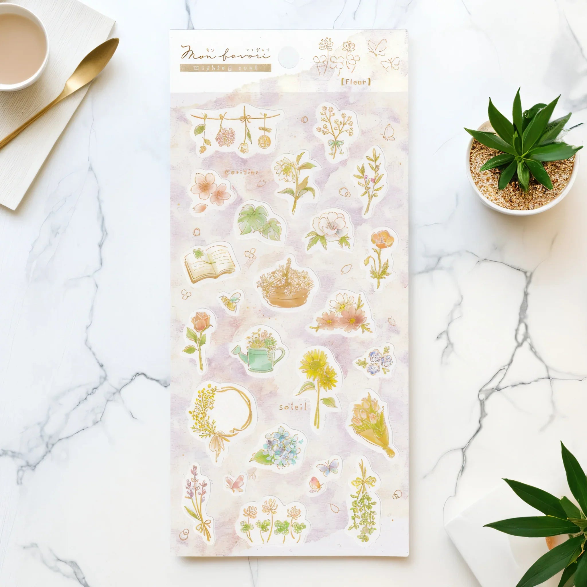 Japanese sticker sheet with Mon favori Fleur flower designs from Japanese character series showing complete layout, design