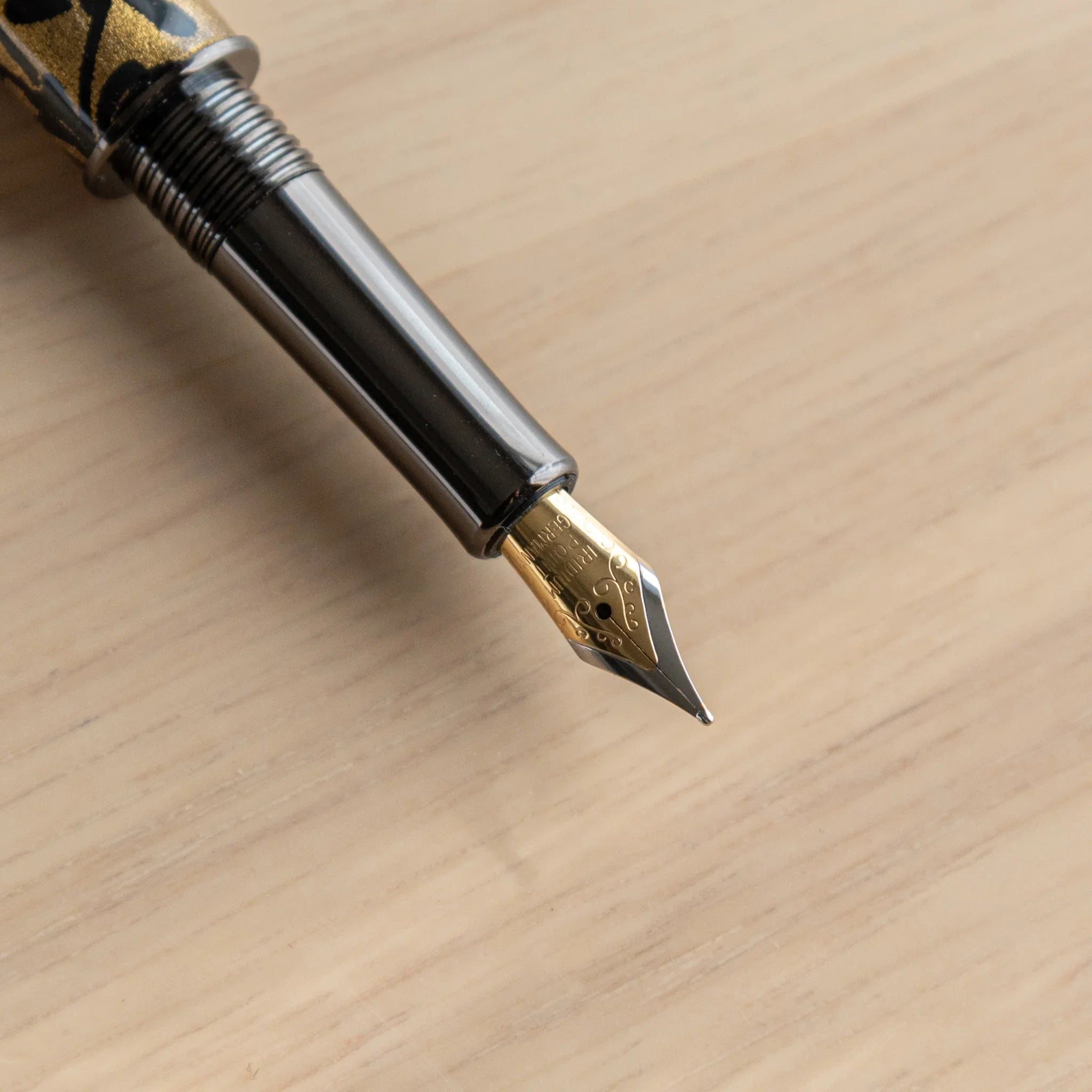 Fountain pen showing autumn grass and moonlight botanical pattern detail on black background Mino washi wrapper