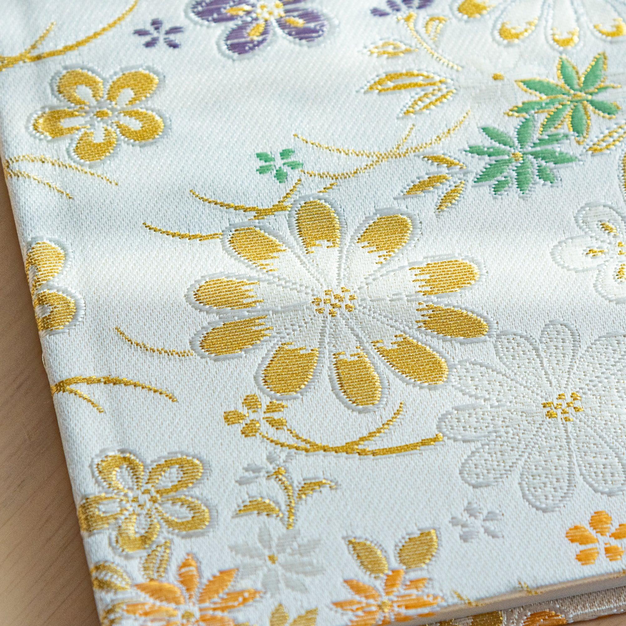 Japanese Nishijin textile B6, angled shot of traditional brocade Elegant Floral Weave pattern with binding