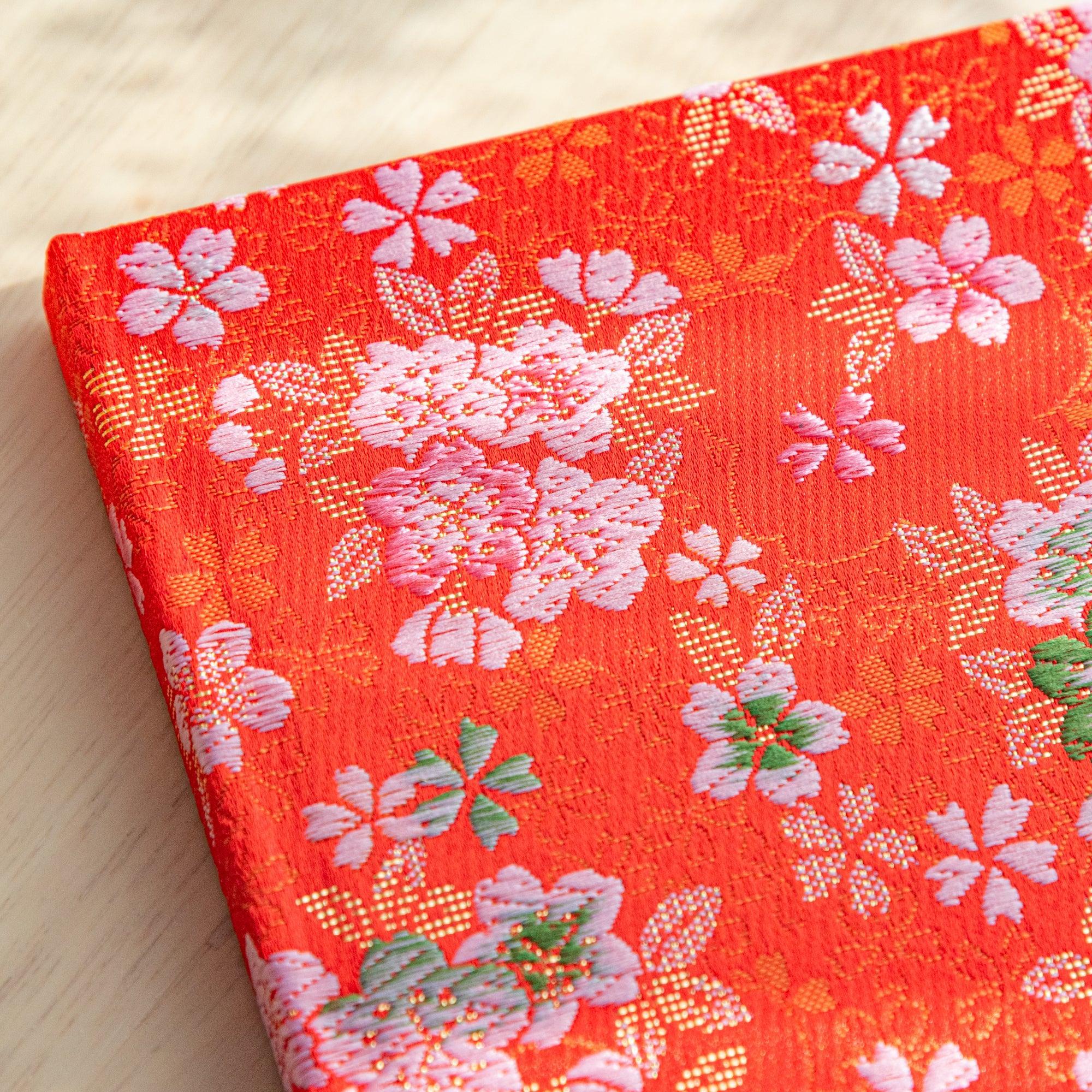 Nishijin Sakura Ensemble B6 journal, spine with gold embossing on traditional textile craft with binding