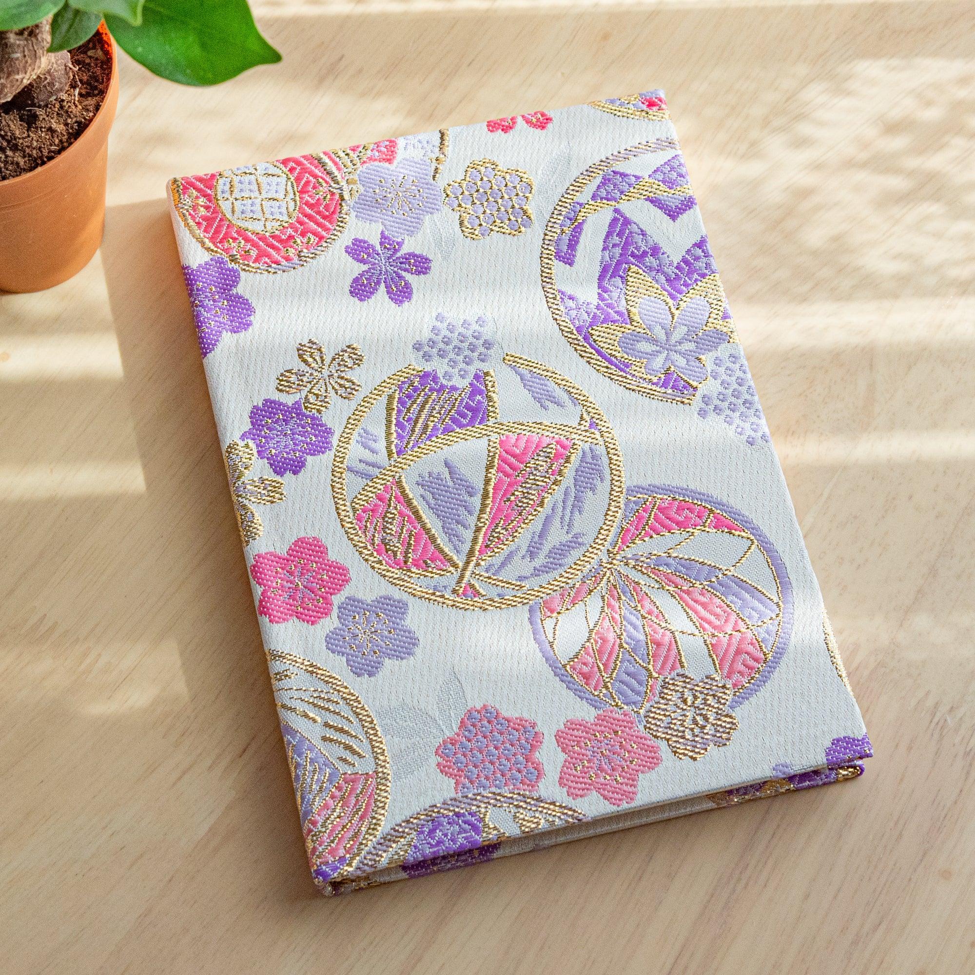 Nishijin textile B6 notebook with traditional brocade Sarkuta Temari pattern front cover design with binding