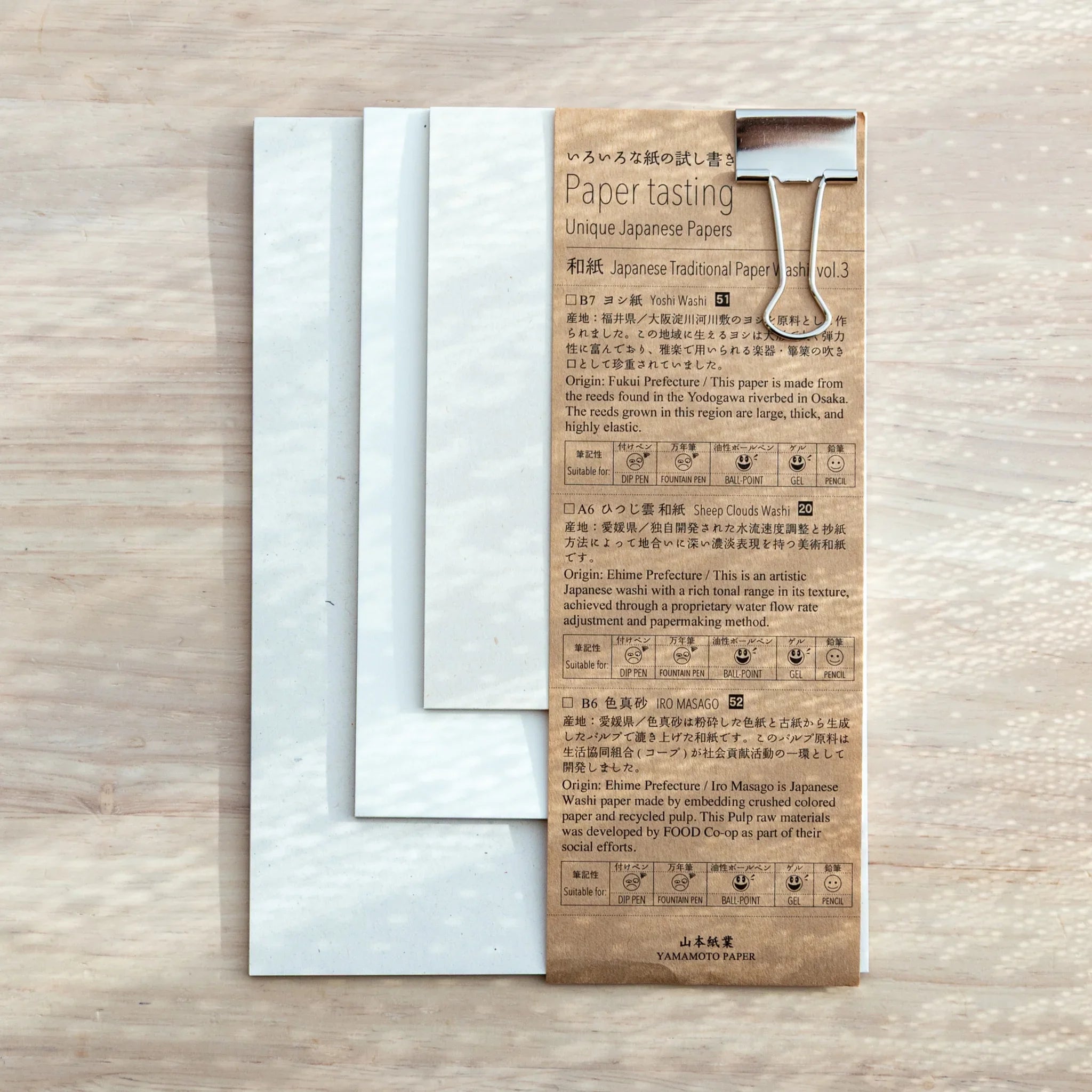 Product information card showing washi paper types and properties with comprehensive Japanese and English text