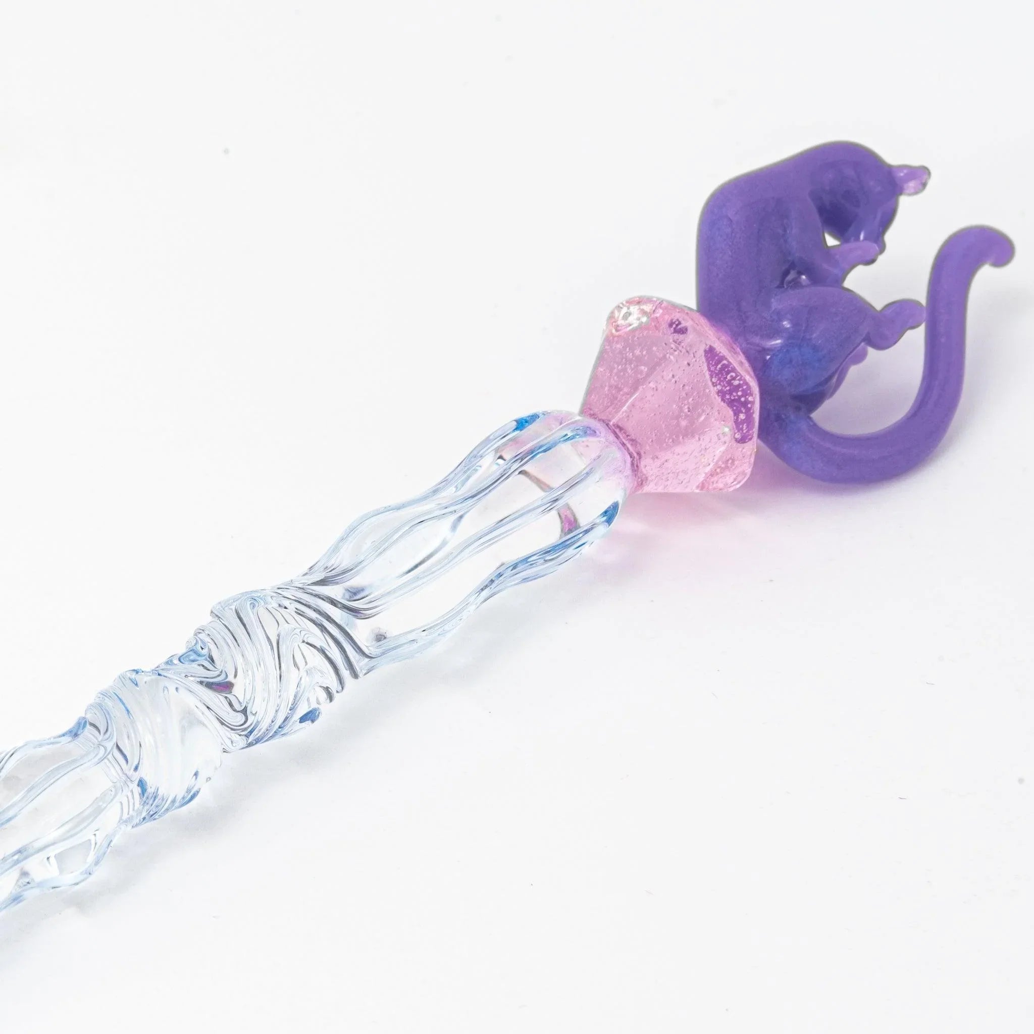 Pastel Purple Cat Glass Dip Pen positioned on matching pen rest with white ceramic platform showing coordinated set