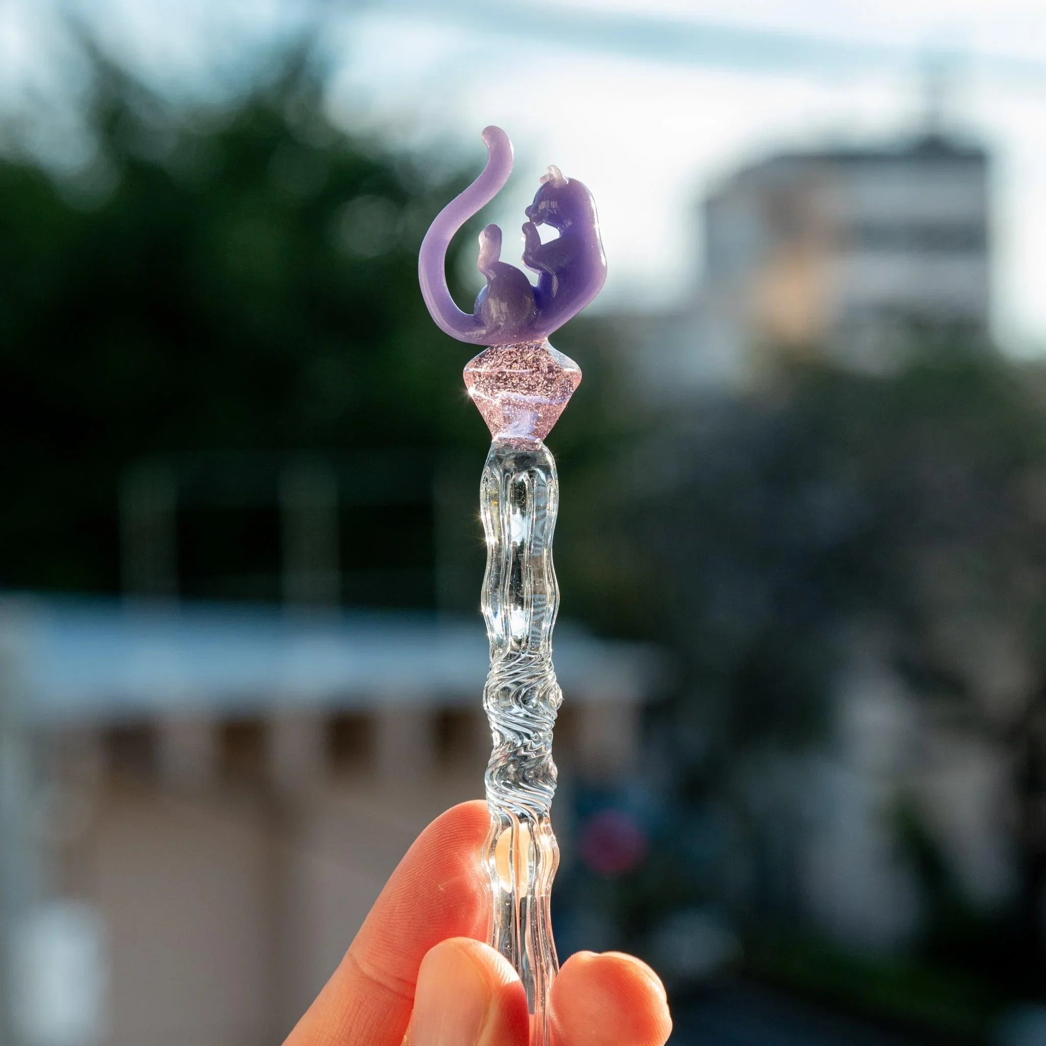 Pastel Purple Cat Glass Dip Pen positioned on coordinating pen rest, showing the complete Japanese stationery set