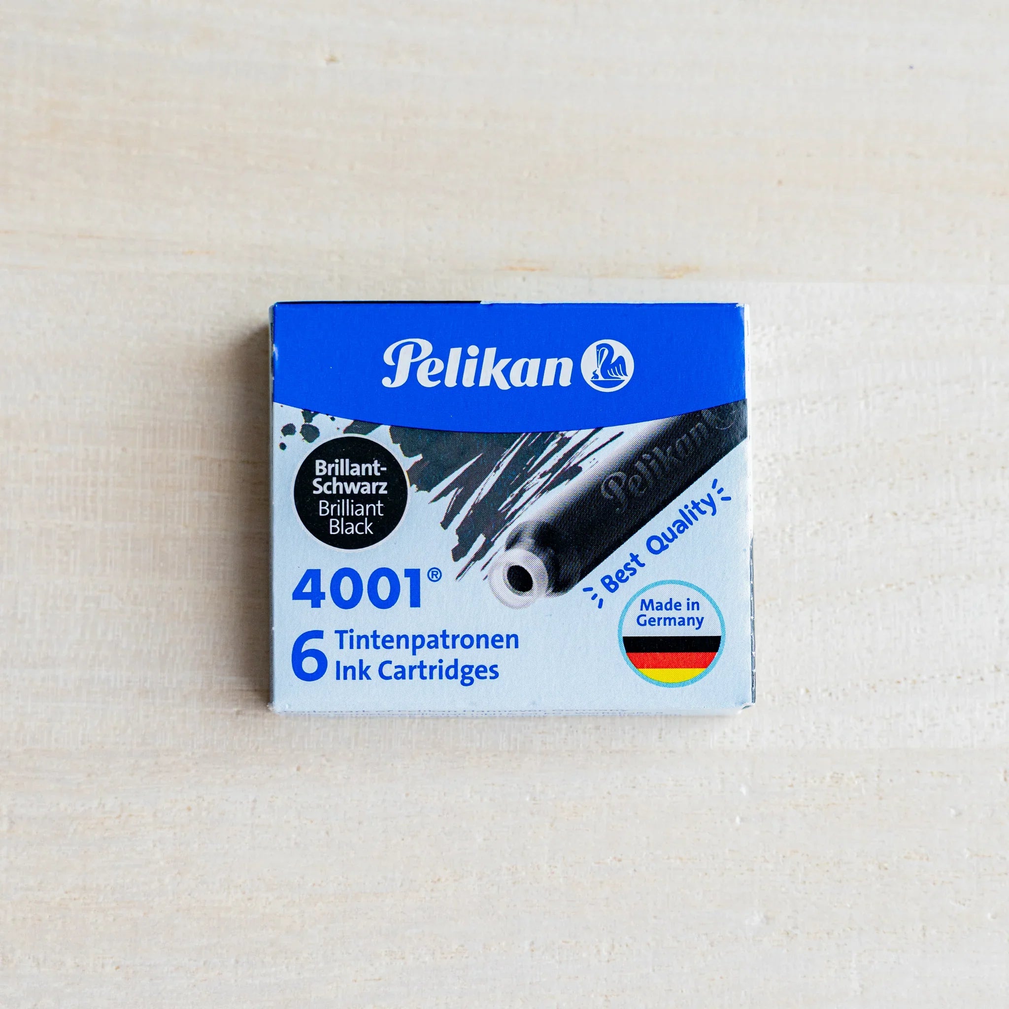 Pelikan 4001 Brilliant Black fountain pen ink cartridge box, blue and white pack, 6 cartridges, Made in Germany