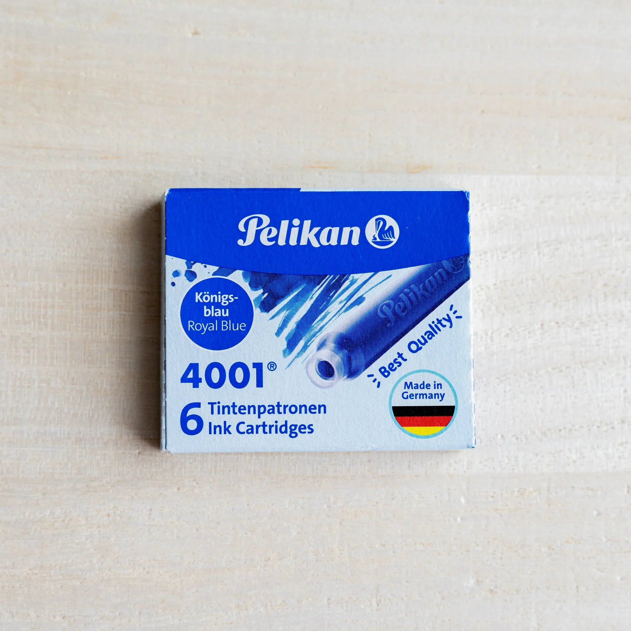 Pelikan 4001 Royal Blue fountain pen ink cartridge box, blue and white pack, 6 cartridges, Made in Germany