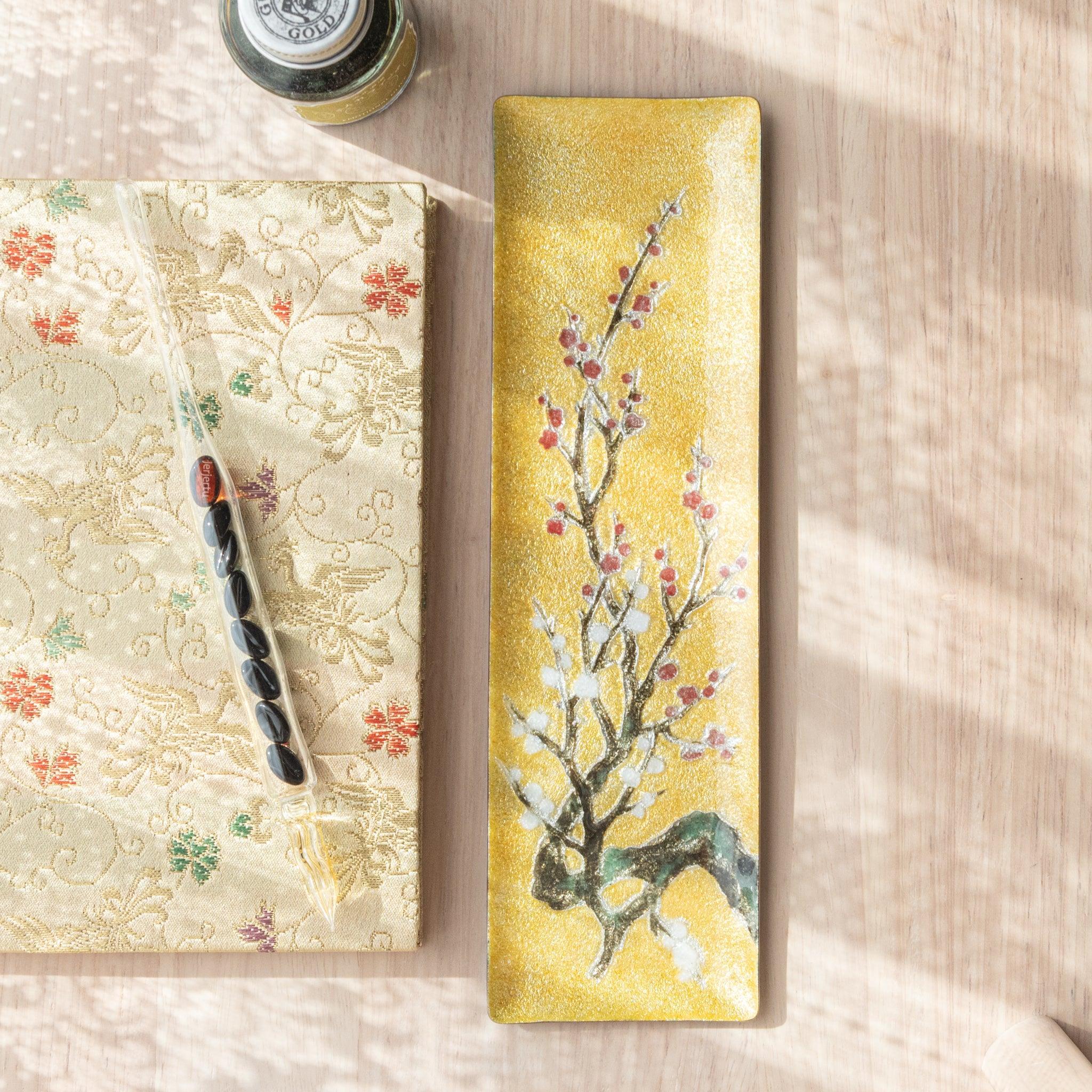Plum Shippo Ware Medium Pen Tray in gold-toned enamel with red and purple plum blossoms on rectangular brass base