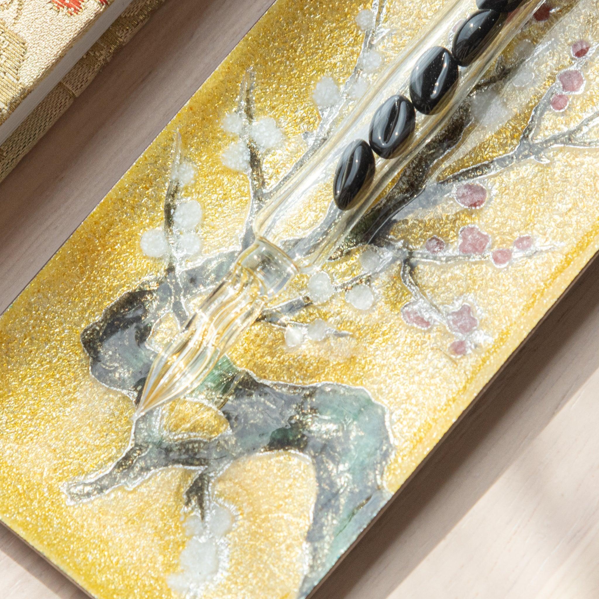 Plum Shippo Ware Medium Pen Tray Japanese brass cloisonné ware with colorful plum branch design on golden base