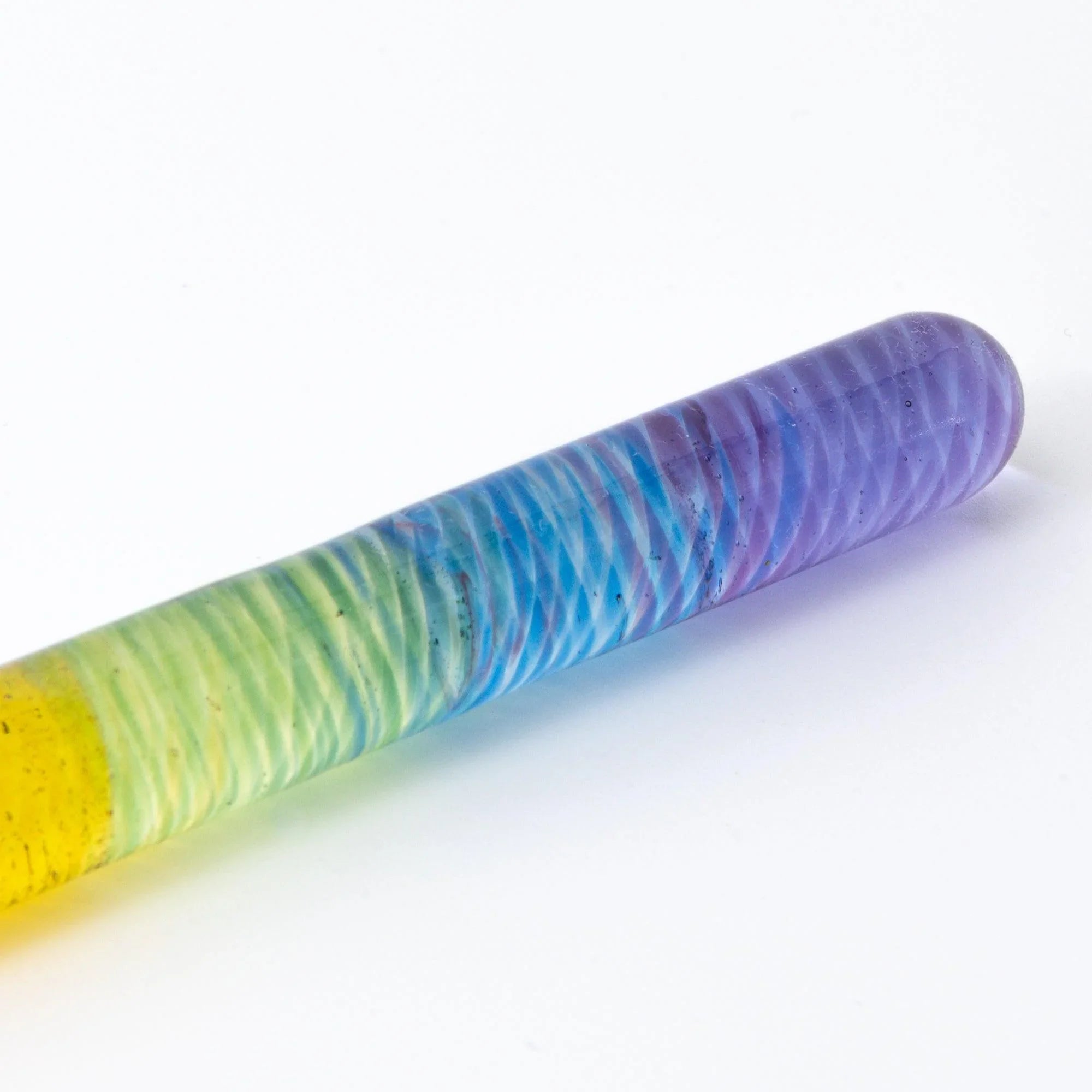 Rainbow Short glass dip pen close-up highlighting distinct pink, yellow, and blue color band transitions on handle