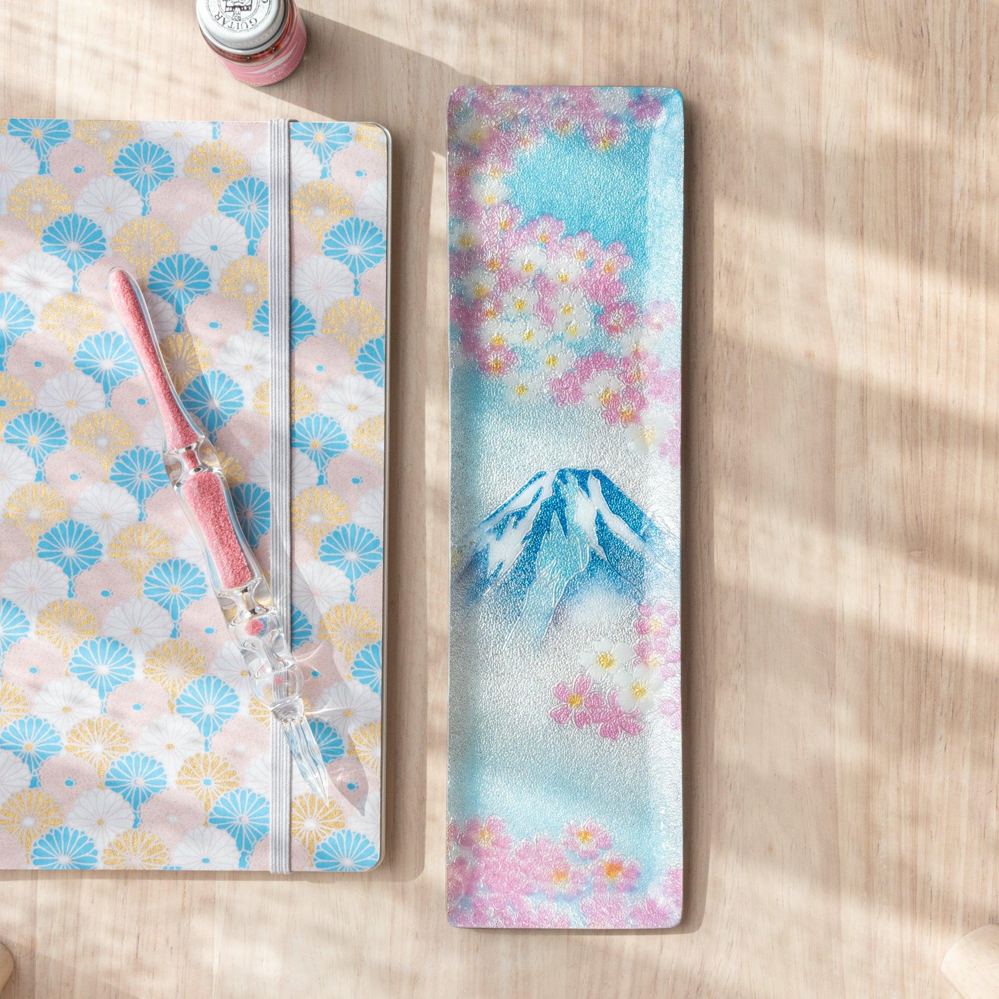 Sakura and Mount Fuji shippo ware medium pen tray with multi-color cloisonne enamel decorative design pattern lie