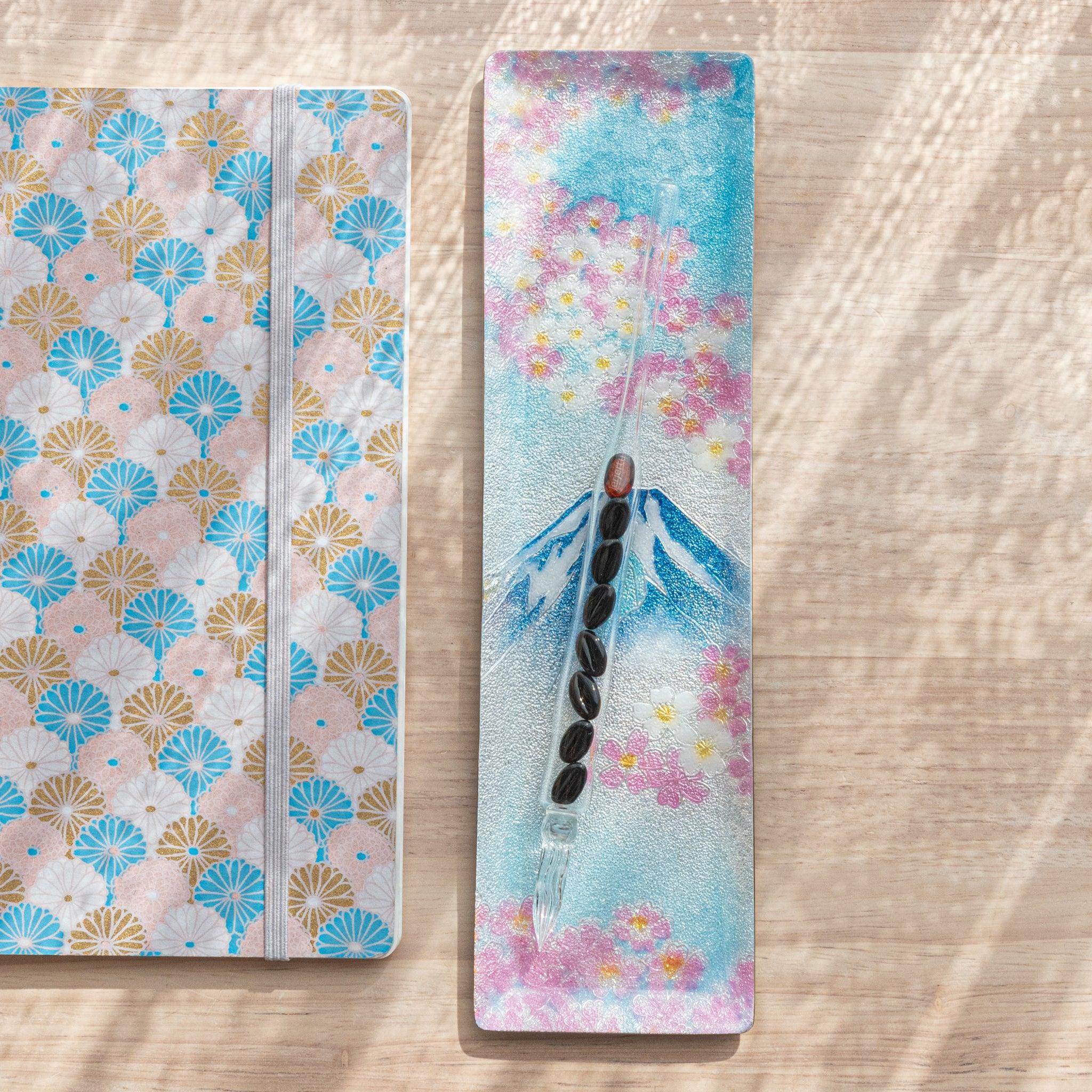 Japanese medium pen tray in shippo style featuring sakura and Mount Fuji traditional cultural motif design shown