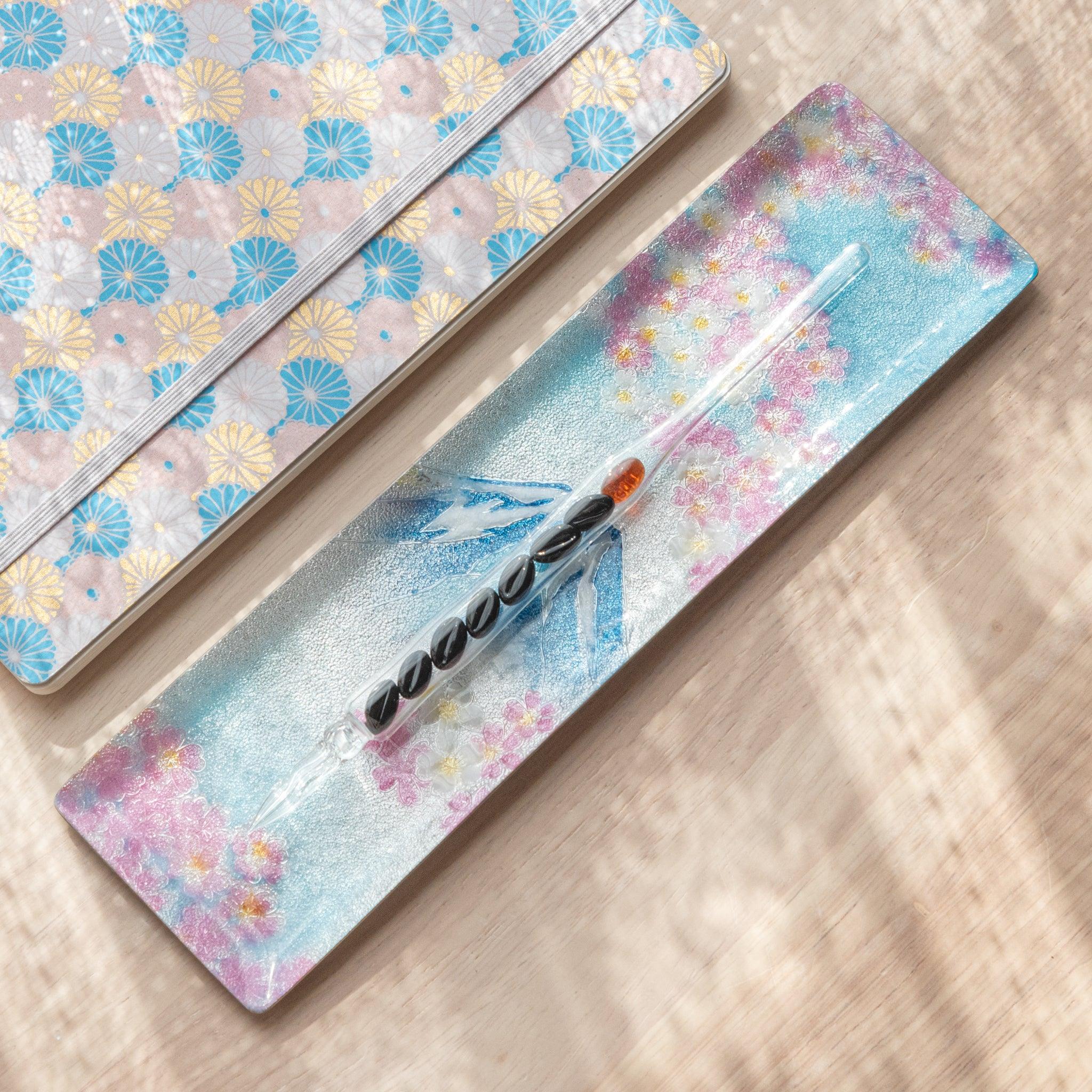 Rectangular shippo ware pen tray with sakura and Fuji design in multi-colored traditional cloisonne decoration